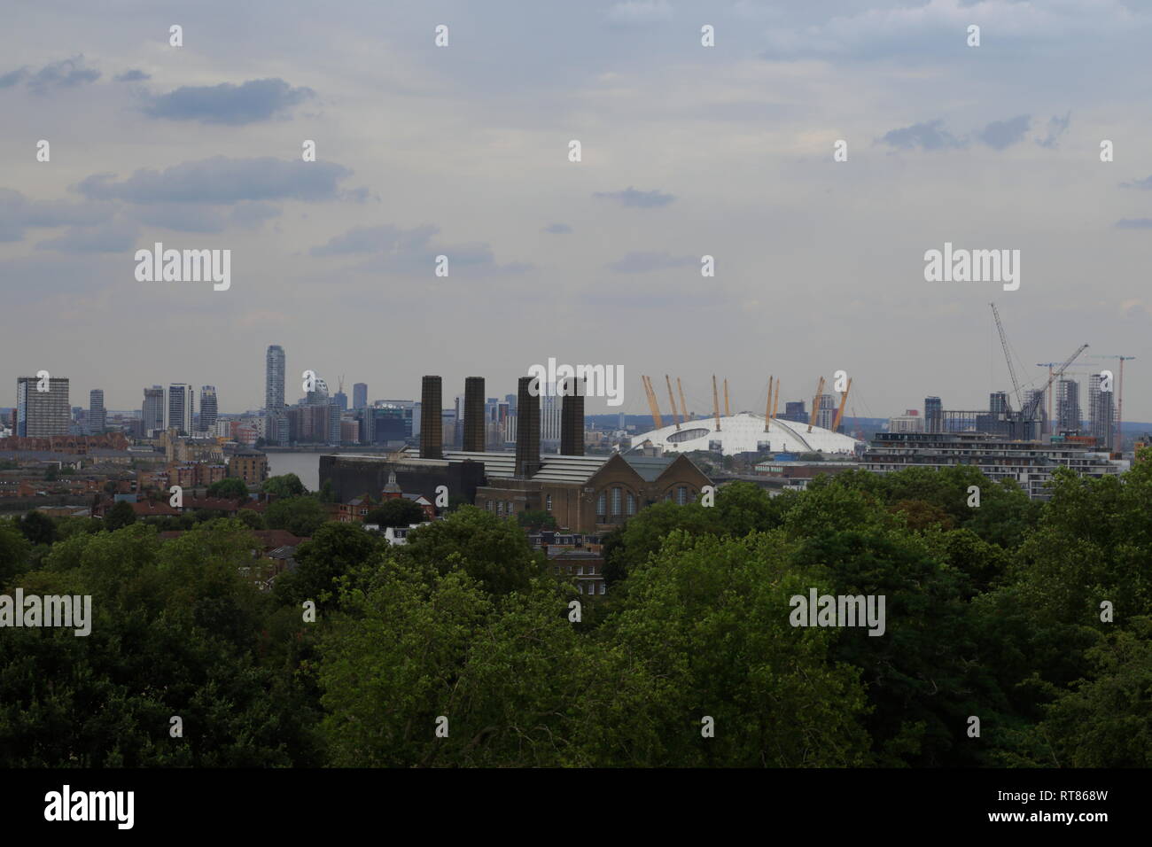 View over the city of London and the famous O2 Arena (Millennium Dome) from Greenwich in London, United Kingdom. Stock Photo