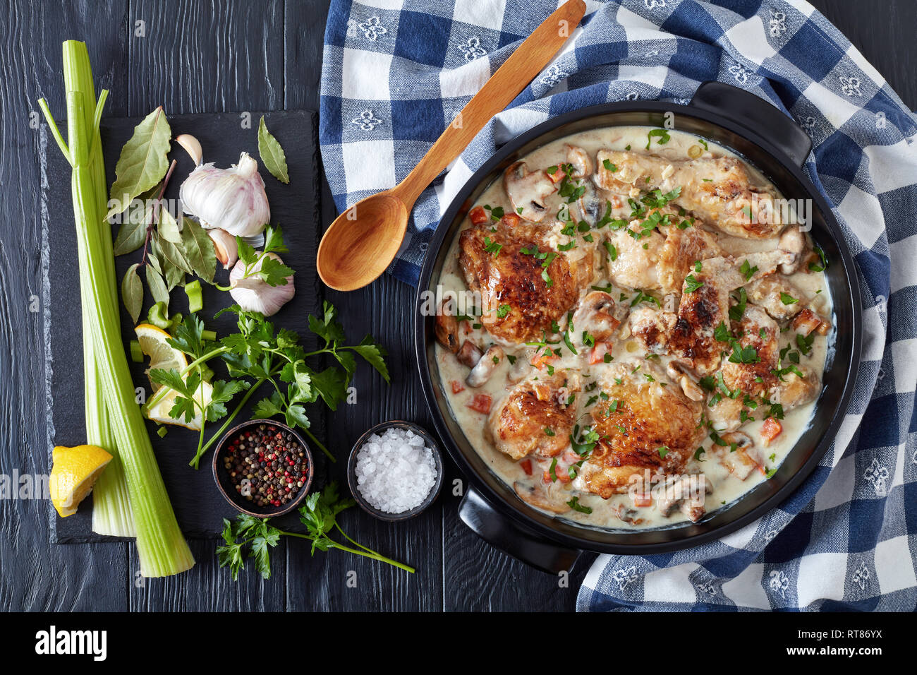 chicken fricassee chicken meat browned and braised in white wine creamy sauce with mushrooms