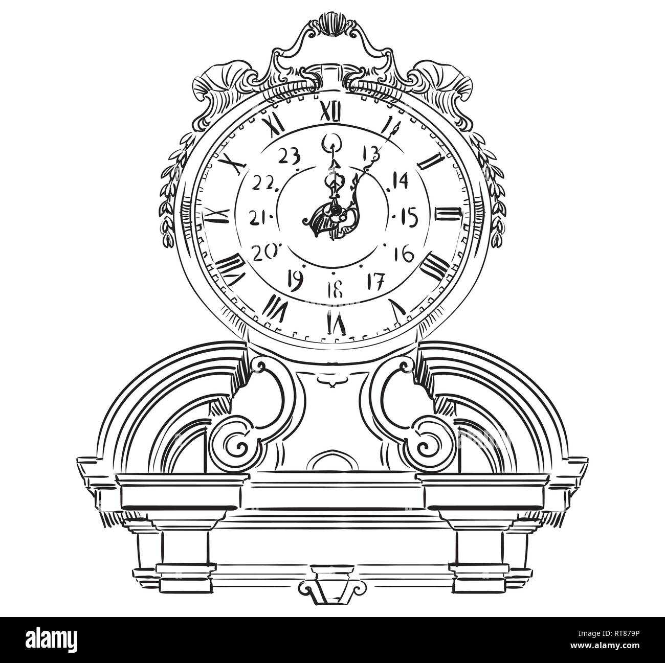Ancient carving baroque clock, vector hand drawing illustration in black color isolated on white background Stock Vector