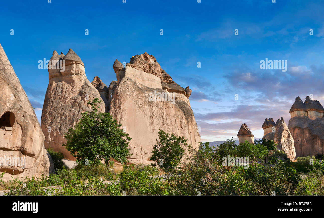 Pictures & images of the fairy chimney rock formations and rock pillars of “Pasaba Valley” near Goreme, Cappadocia, Nevsehir, Turkey Stock Photo