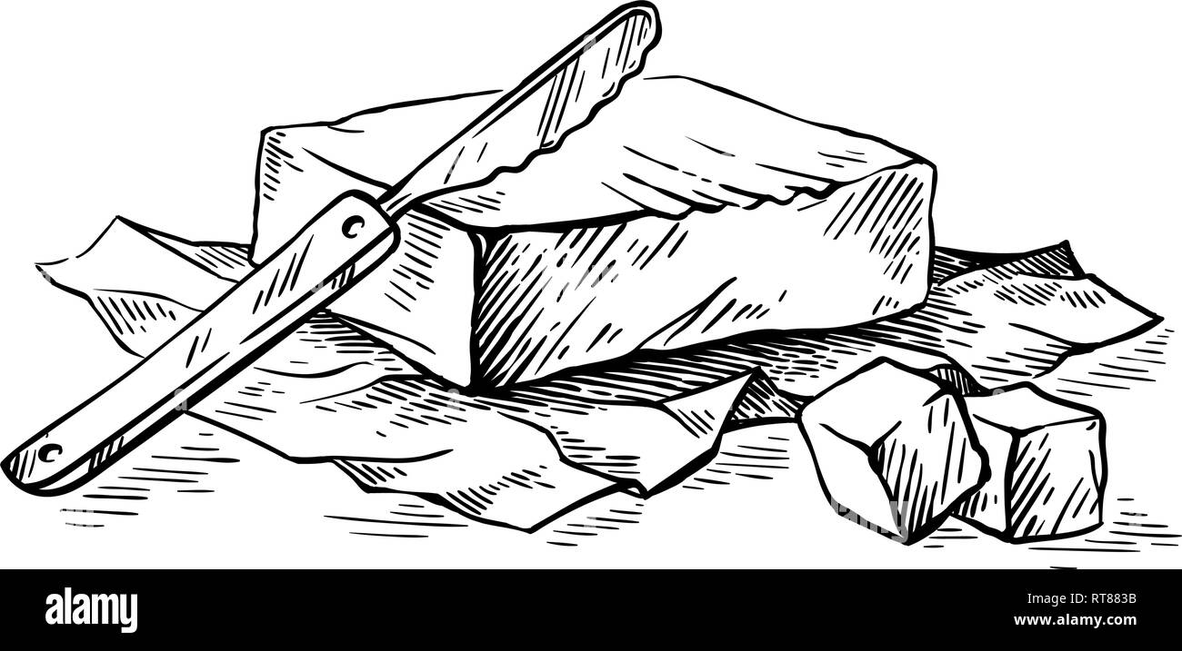 sketch hand drawn piece of butter wrapped in paper wrap and butterknife