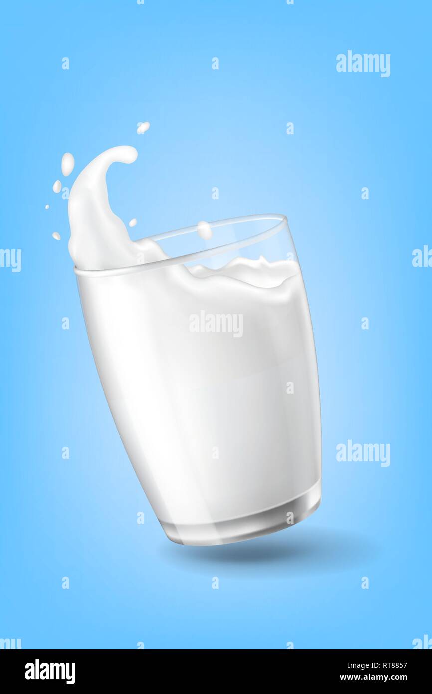 flow cow milk crown splash closeup cup glass blue background vector illustration Stock Vector