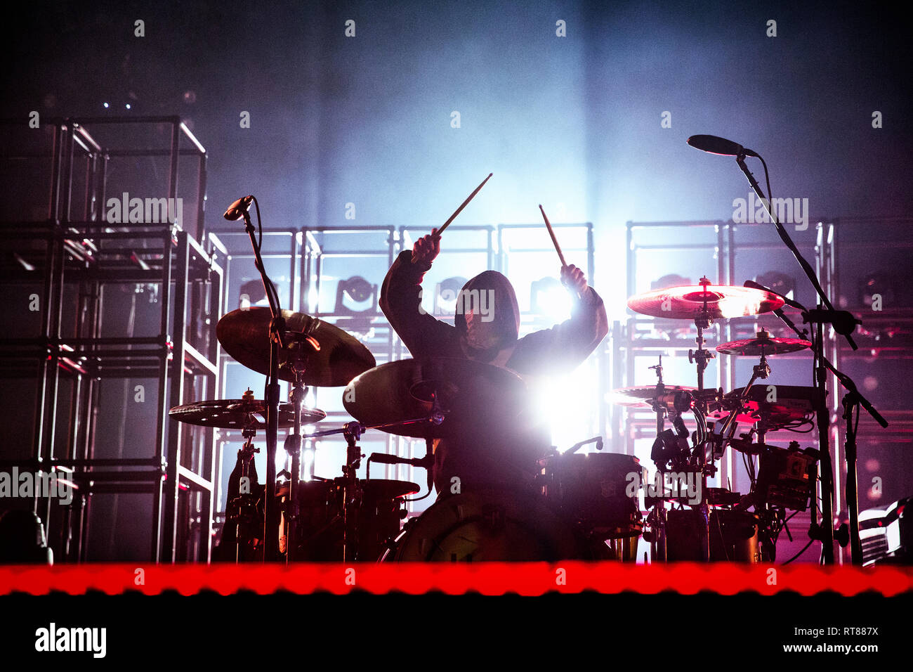 Norway, Oslo - February 9, 2019. The American duo Twenty One Pilots performs live concert at Telenor Arena in Oslo. Here drummer Josh Dun is seen live on stage. (Photo credit: Gonzales Photo - Terje Dokken). Stock Photo