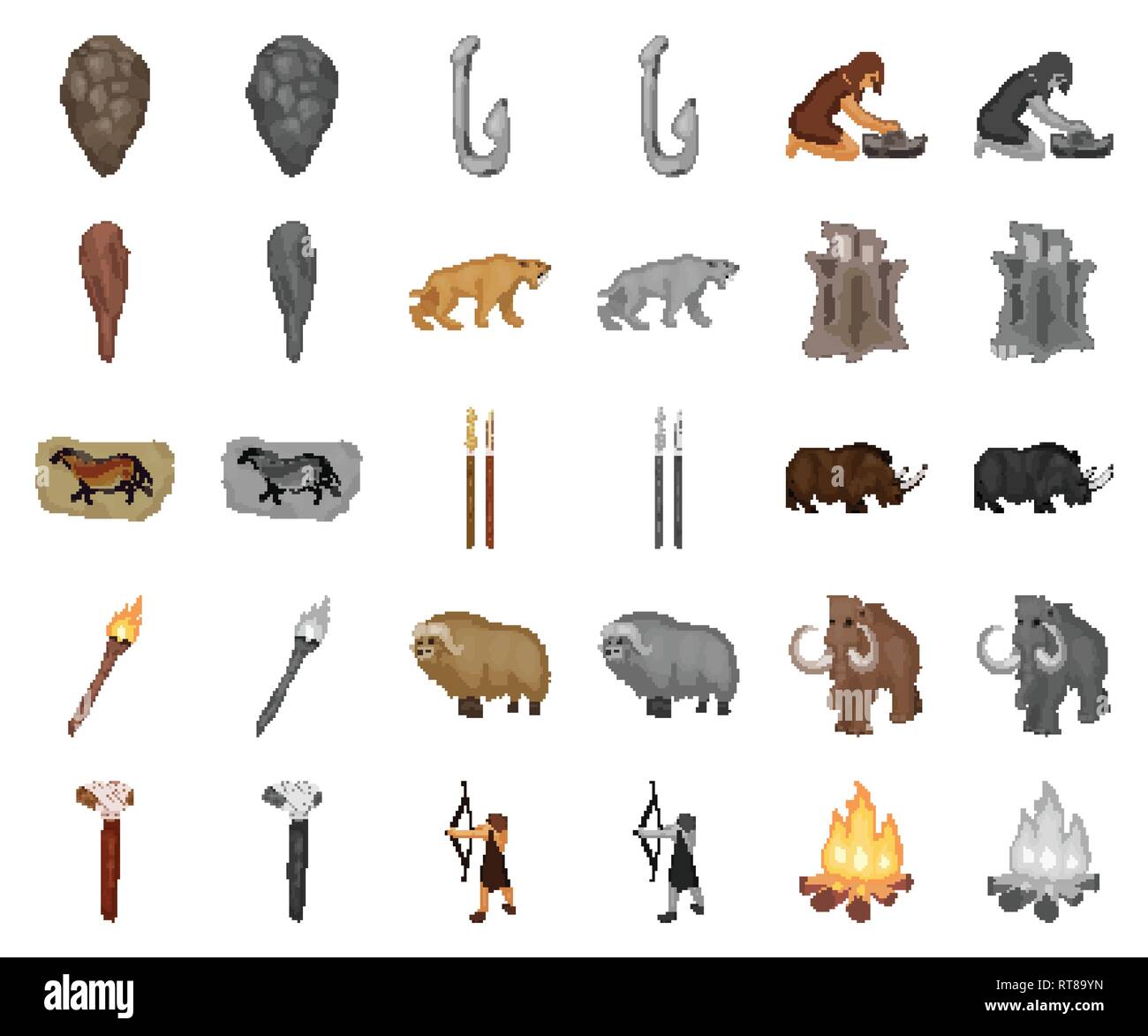 age,ancient,animal,antiquity,arrow,axe,beginning,bone,bow,campfire,cartoon,monochrom,caveman,cavewoman,collection,culture,design,development,epoch,fauna,fish,grindstone,hide,hook,humanity,icon,illustration,isolated,life,logo,man,muskox,painting,people,period,rhinoceros,saber-toothed,set,sign,spears,stone,survival,symbol,tiger,tool,torch,truncheon,vector,venus,web,woolly mammoth Vector Vectors , Stock Vector