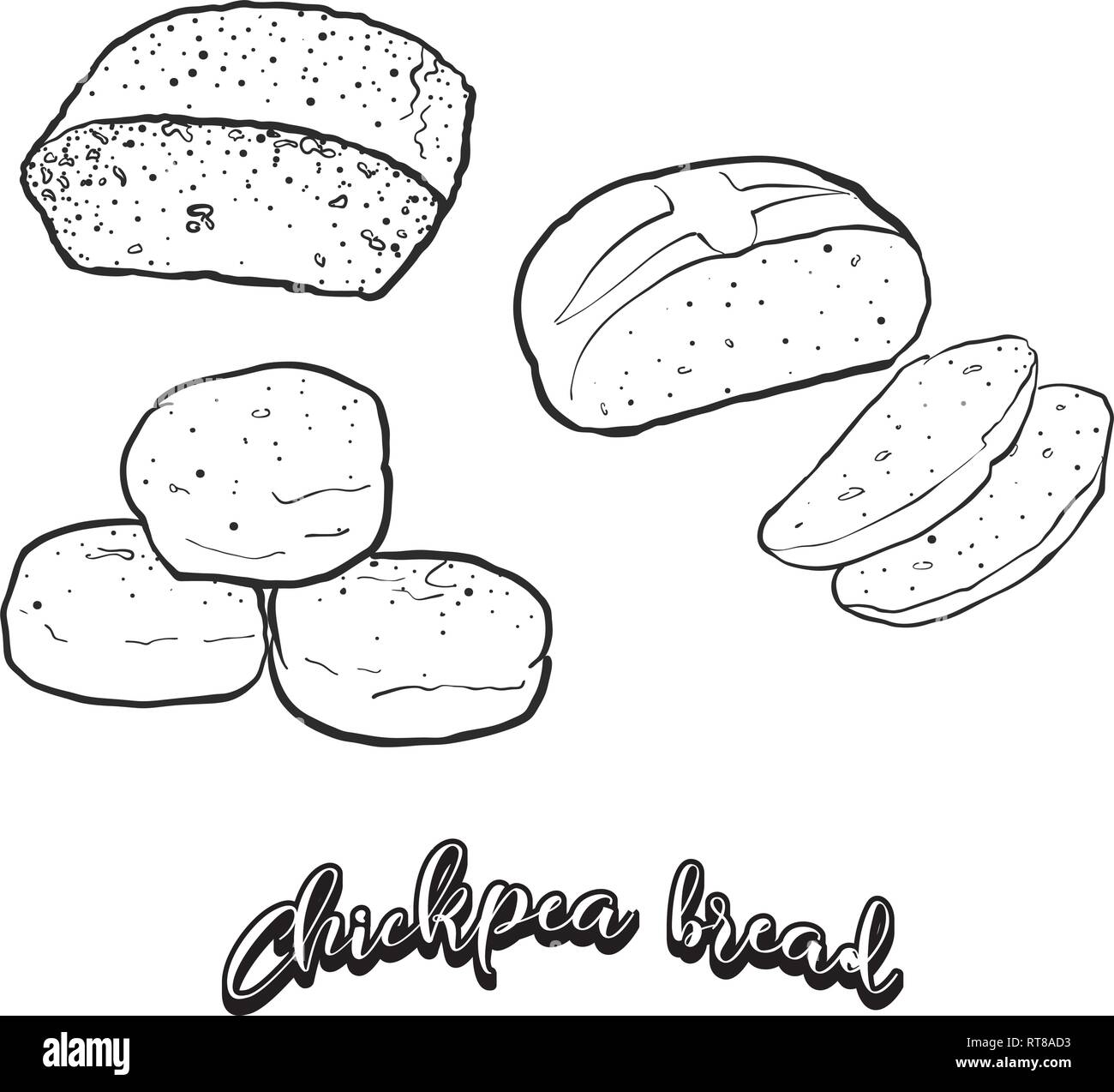 Hand drawn sketch of Chickpea bread bread. Vector drawing of Leavened food, usually known in Albania and Turkey. Bread illustration series. Stock Vector