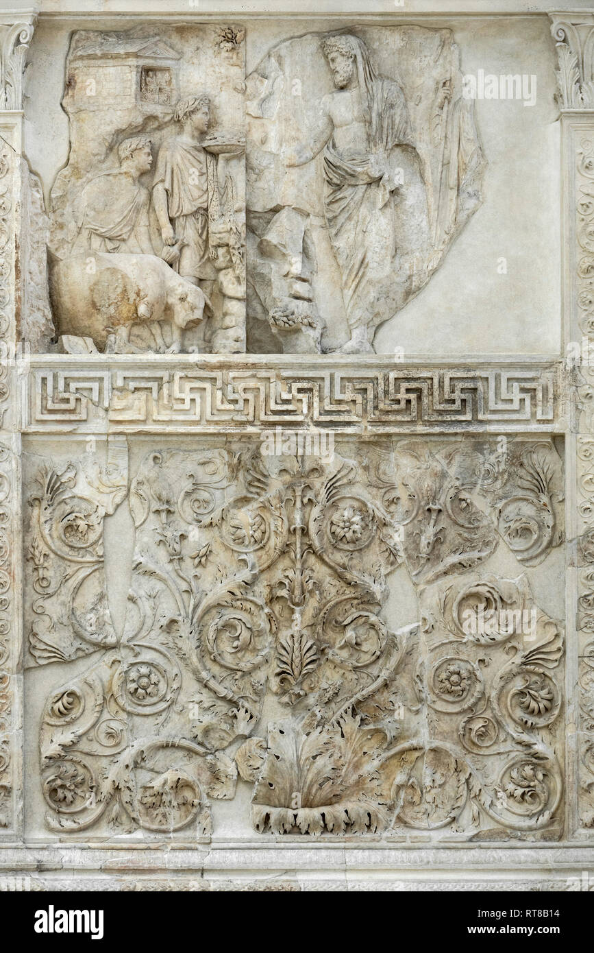 Rome. Italy. The Ara Pacis Augustae, Ara Pacis Museum. Exterior west wall  (front), the 'Aeneas' relief panel, depicting a sacrifice performed by  Aenea Stock Photo - Alamy