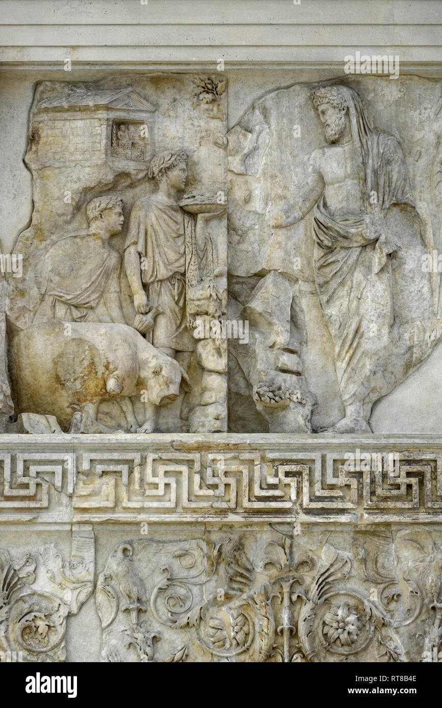 Rome. Italy. The Ara Pacis Augustae, Ara Pacis Museum. Exterior west wall (front), the 'Aeneas' relief panel, depicting a sacrifice performed by Aenea Stock Photo