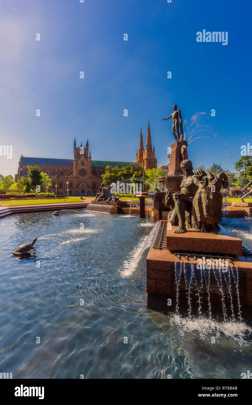 Australia, New South Wales, Sydney, J. F. Archibald Memorial Fountain, St Marys Cathedral in the background Stock Photo