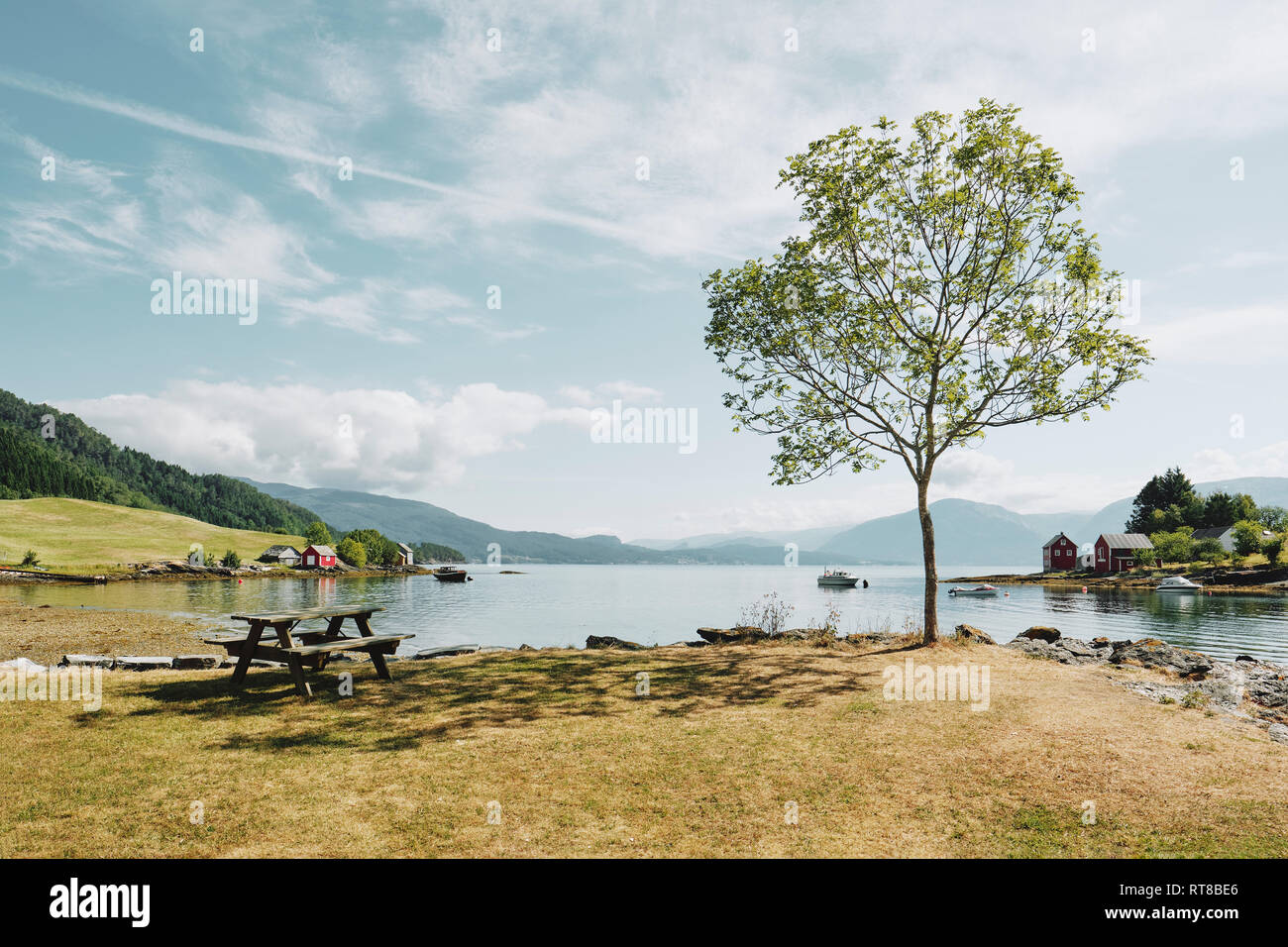 A outdoor picnic table and tree on the shore at Omaholmen on a beautiful summers day in Hardangerfjord Hordaland, Norway - Summer fjord landscape Stock Photo