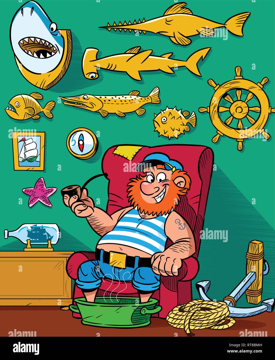 The illustration shows funny sea captain resting in his room, where the walls are covered with trophies. Stock Vector