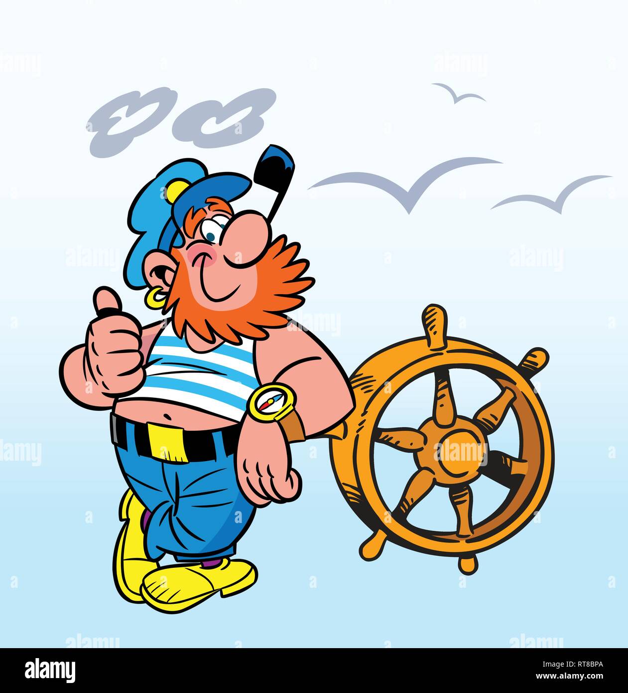 In vector illustration, a cartoon captain with a pipe stands at the helm of the ship. Isolated on white background. Stock Vector