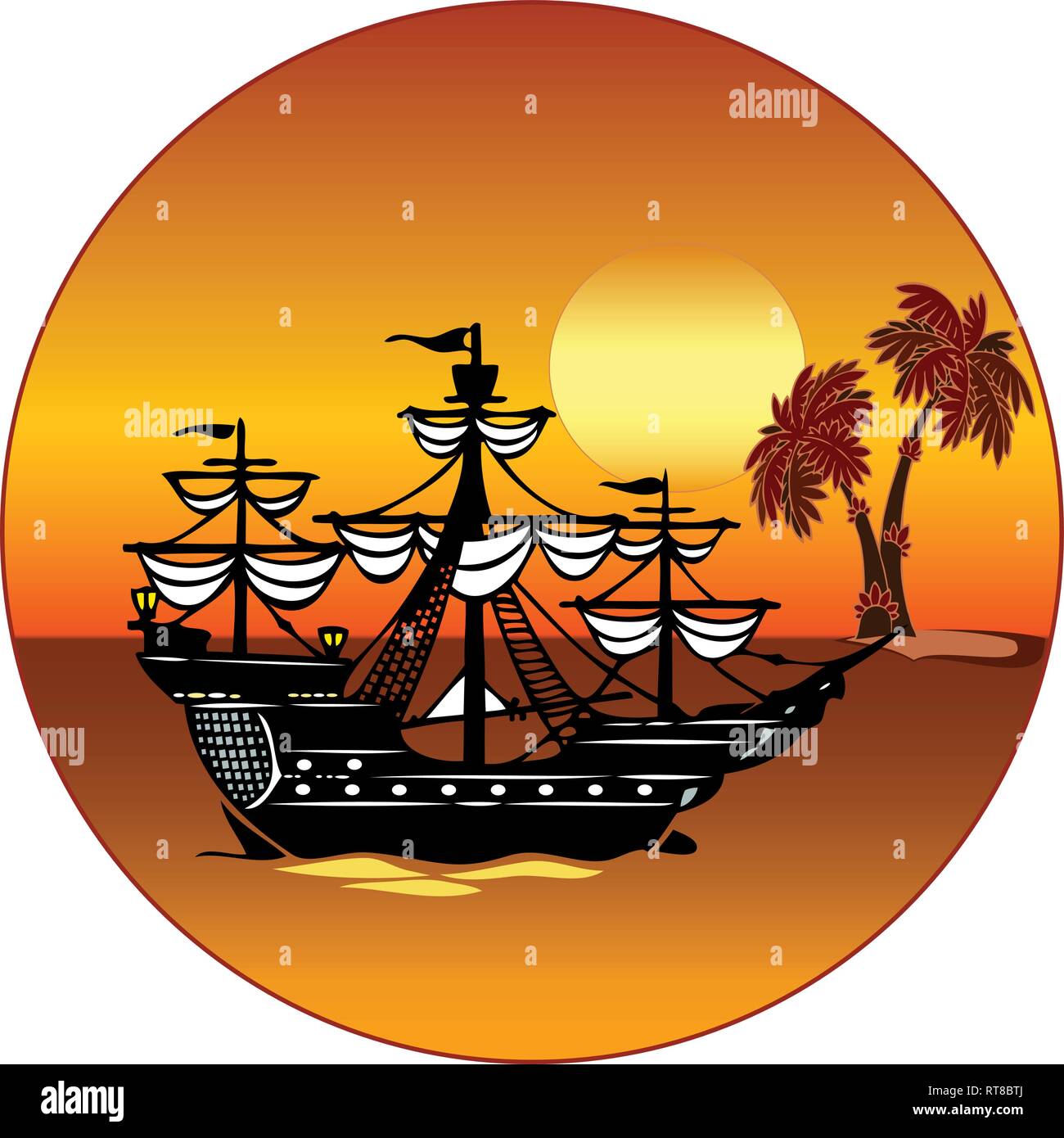In the vector illustration, a cartoon sailing frigate walks across the sea towards an island at sunset. Stock Vector