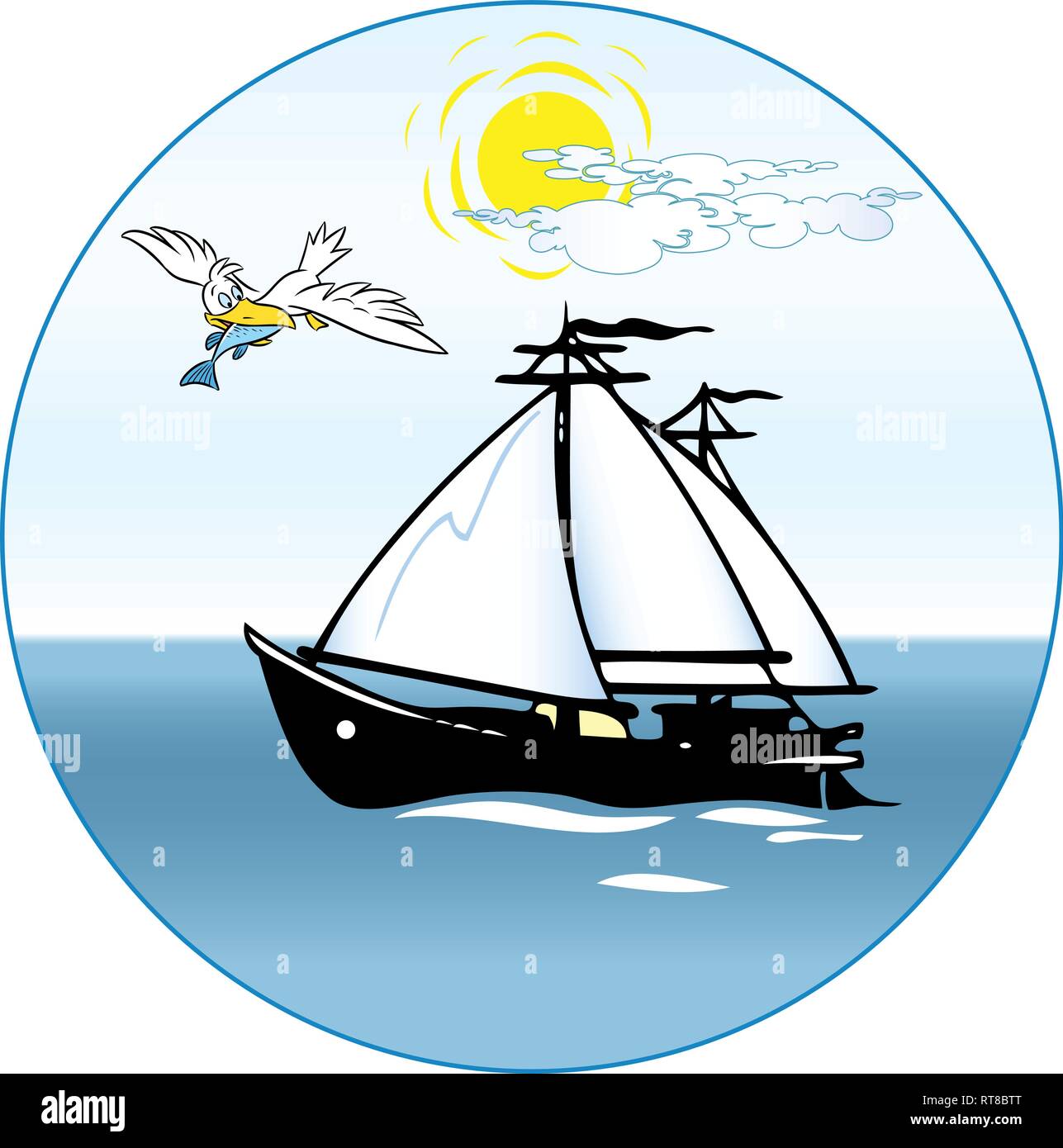 In the illustration, a cartoon ship sailing boat goes into the sea, a large bird flies nearby with prey Stock Vector