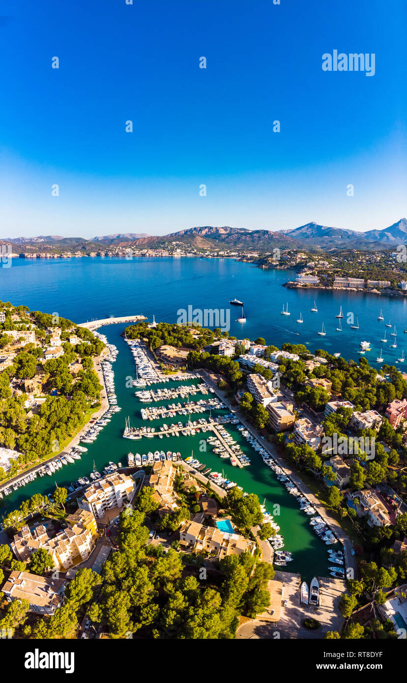 Spain, Baleares, Mallorca, Calvia region, Aerial view of Santa Ponca, Marina, Serra de Tramuntana in the background Stock Photo