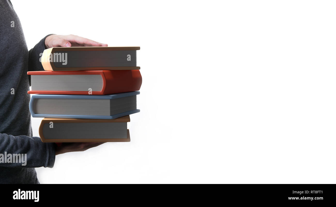 Photo on side of man holding four colorful books on blank white background. Stock Photo