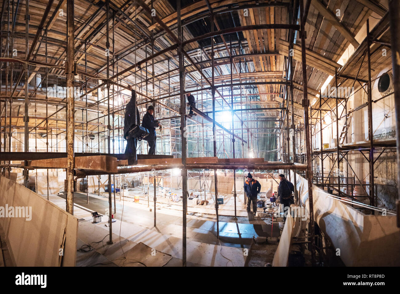 Scaffolding at the reconstruction work of the concert hall of philarmony, Kharkiv, Ukraine Stock Photo