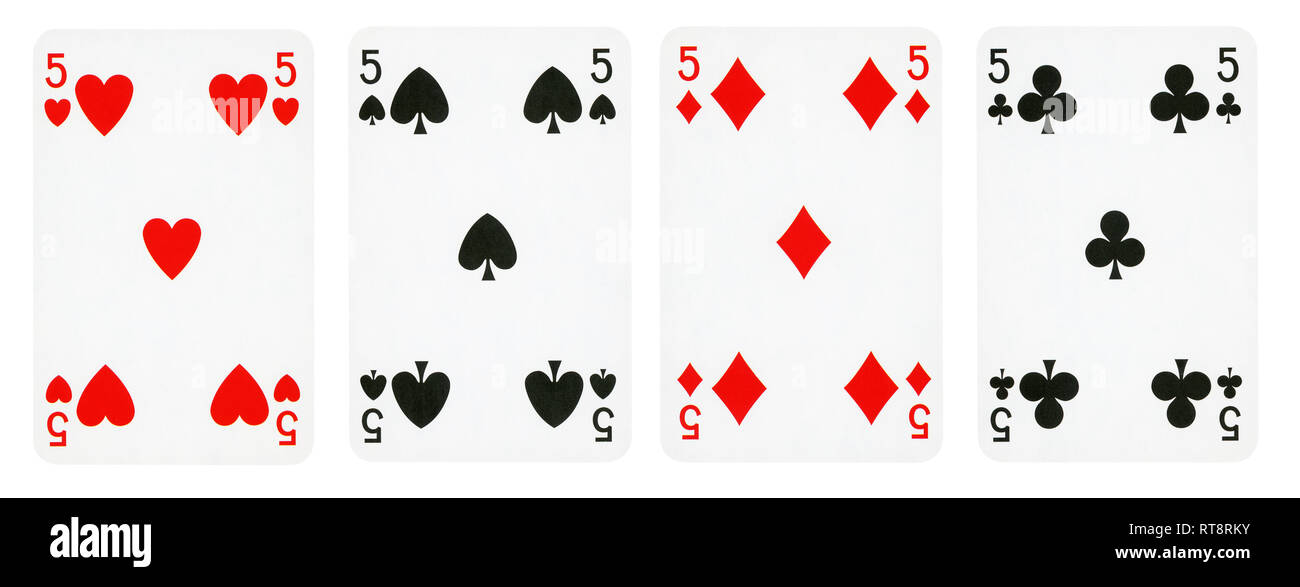 Four Playing Cards Isolated on White Background, Showing Fives from