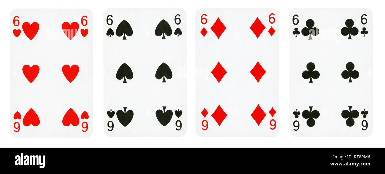 Four Playing Cards Isolated on White Background, Showing Six from Each Suit - Hearts, Clubs, Spades and Diamonds Stock Photo