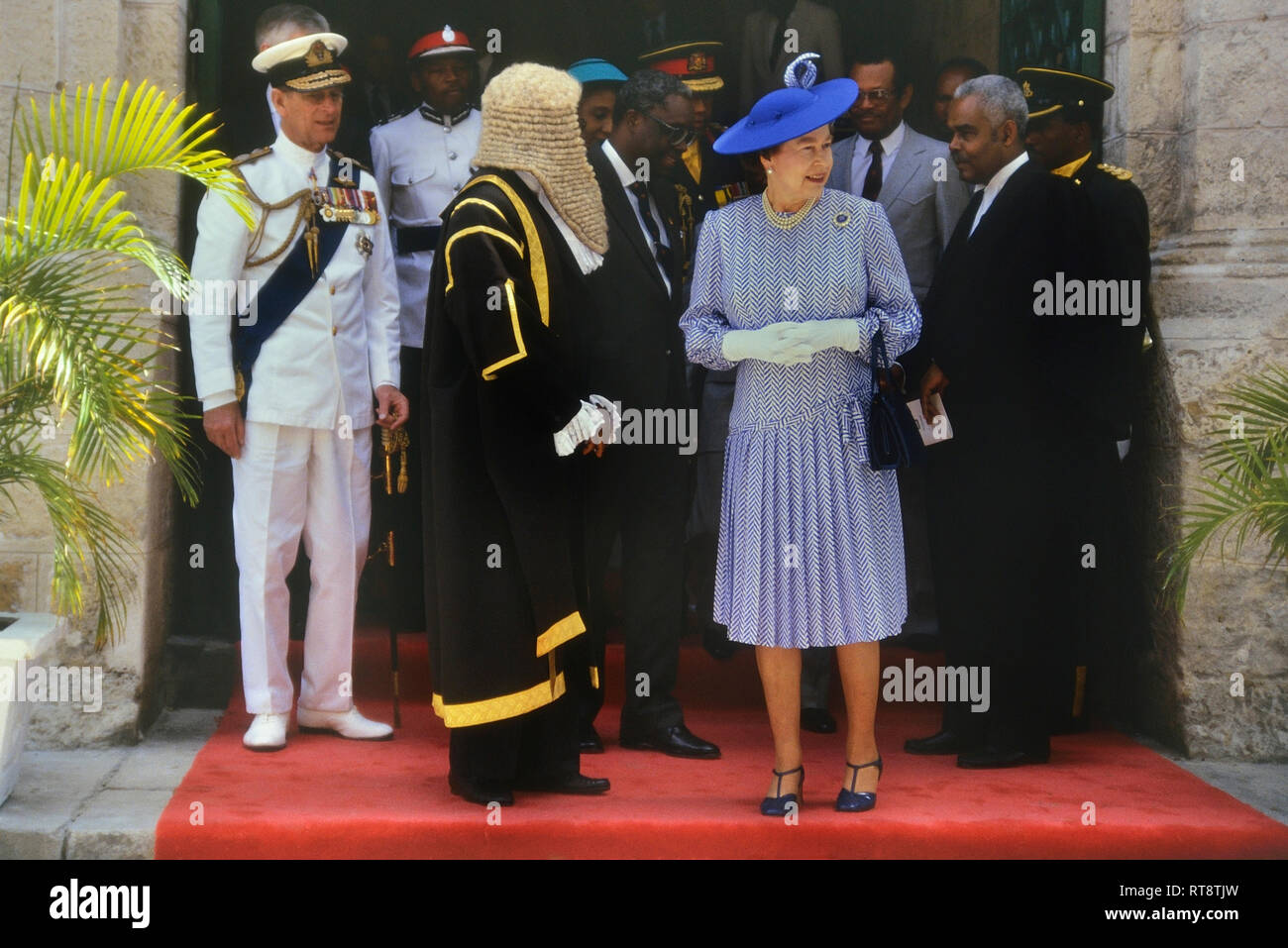 HM Queen Elizabeth II and Prince Philip accompanied by the Speaker of the House, Lawson Weekes, on a royal visit to mark the 350th anniversary of the Barbados Parliament, Bridgetown. 8-11th March 1989 Stock Photo