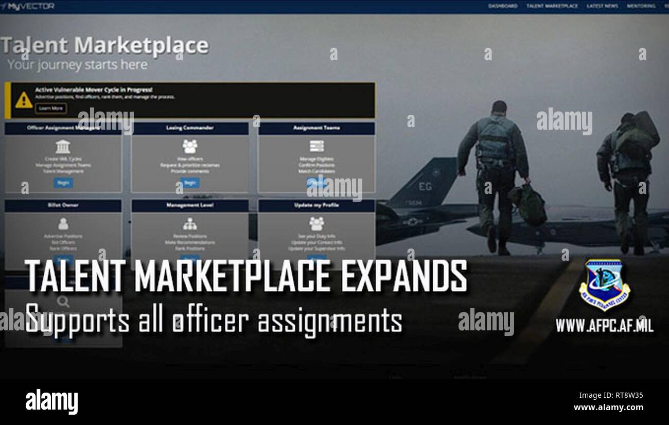 The Air Force will use Talent Marketplace, a key talent management technology, to manage all officer assignments going forward, starting with the Winter 2019/2020 assignment cycle. All officers should log on to myVECTOR to update their profile information by Feb. 8., 2019. Stock Photo