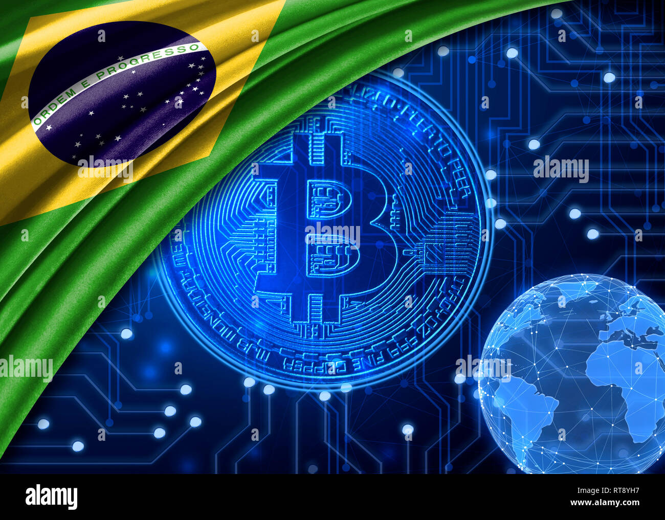 Flag of Brazil is shown against the background of crypto currency bitcoin.  Global world crypto currency-bitcoin. Shows the current exchange rate, fluc  Stock Photo - Alamy