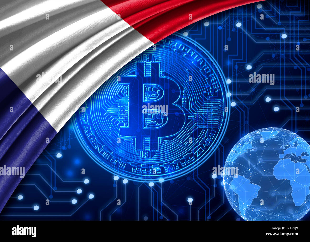 Flag of France is shown against the background of crypto currency bitcoin.  Global world crypto currency-bitcoin. Shows the current exchange rate, fluc  Stock Photo - Alamy