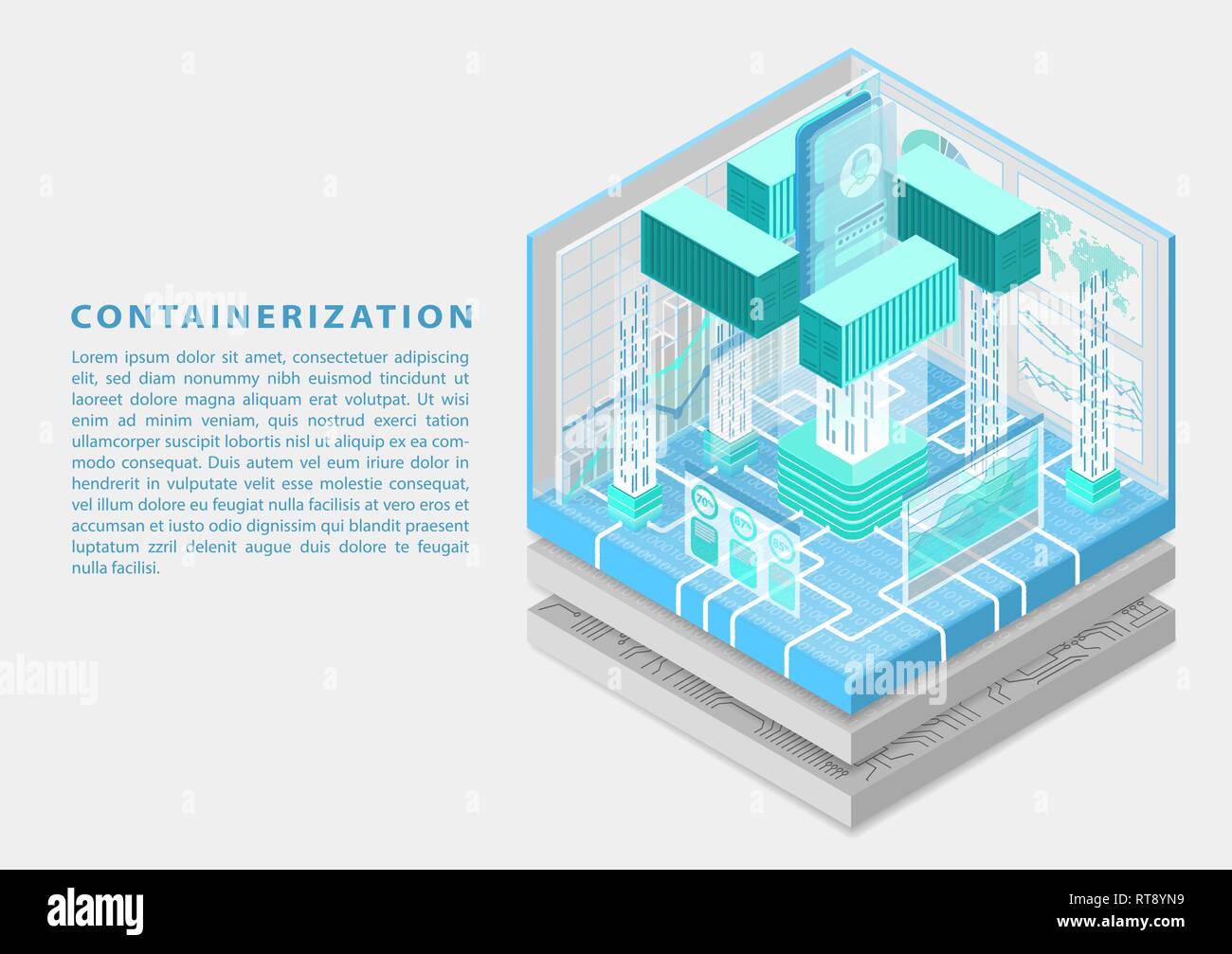 Application containerization and modular software development concept with symbol of smartphone and containers as isometric vector illustration. Stock Vector