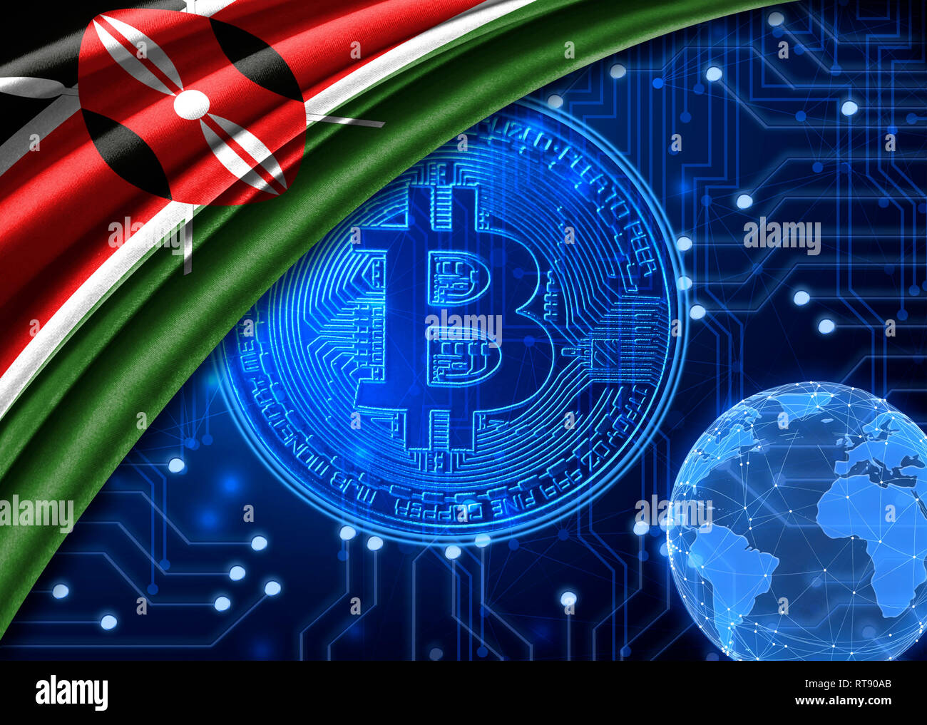 Flag of Kenya is shown against the background of crypto currency bitcoin.  Global world crypto currency-bitcoin. Shows the current exchange rate,  fluct Stock Photo - Alamy