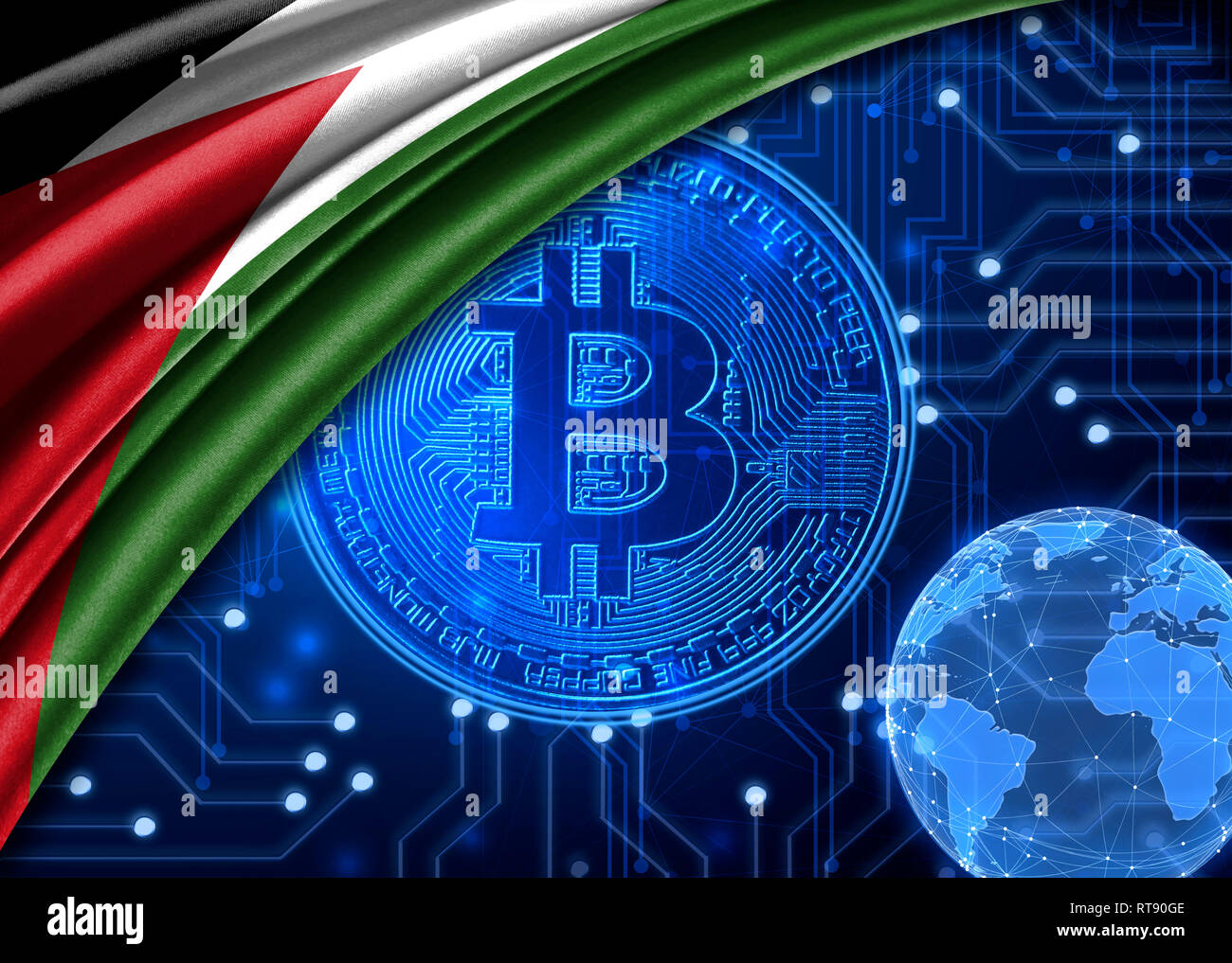 Flag of Jordan is shown against the background of crypto currency bitcoin.  Global world crypto currency-bitcoin. Shows the current exchange rate, fluc  Stock Photo - Alamy