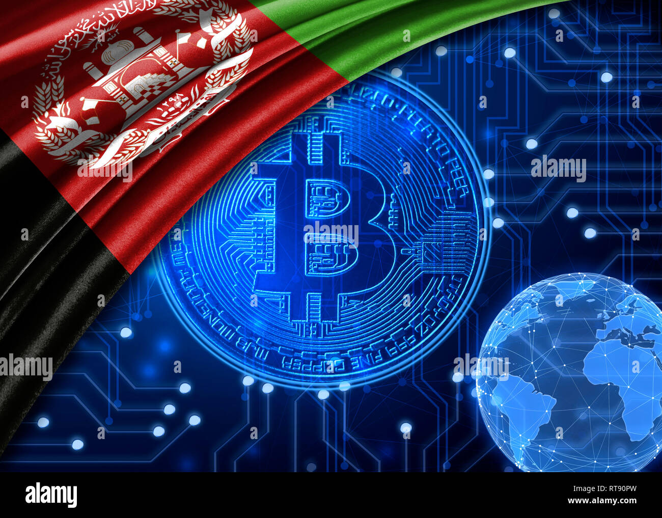 Flag of Afghanistan is shown against the background of crypto currency bitcoin. Global world crypto currency-bitcoin. Shows the current exchange rate, Stock Photo