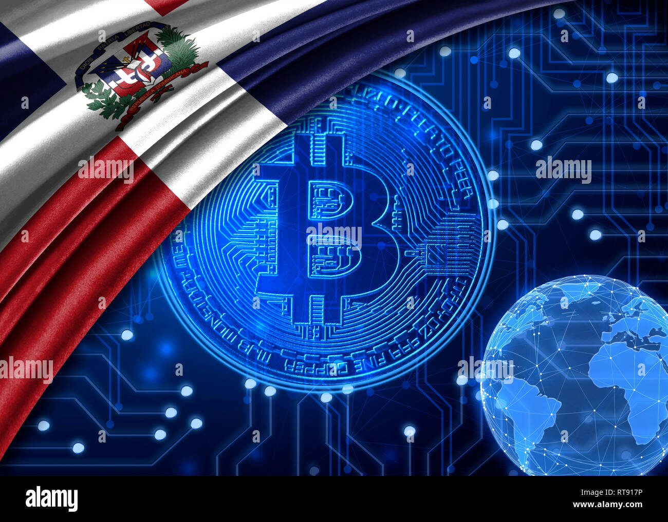 Flag of Dominican Republic is shown against the background of crypto