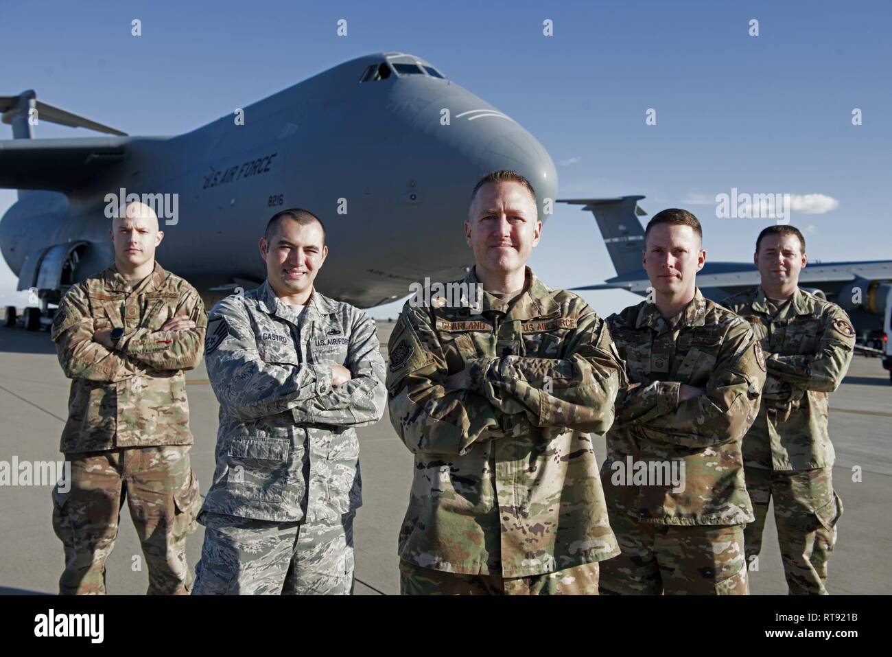 U.S. Air Force Lt. Col. Gary Charland Jr., center, 60th Aircraft  Maintenance commander, poses for a photo with senior non-commissioned  officers from the 60th AMXS Feb. 6, 2019, in front of a