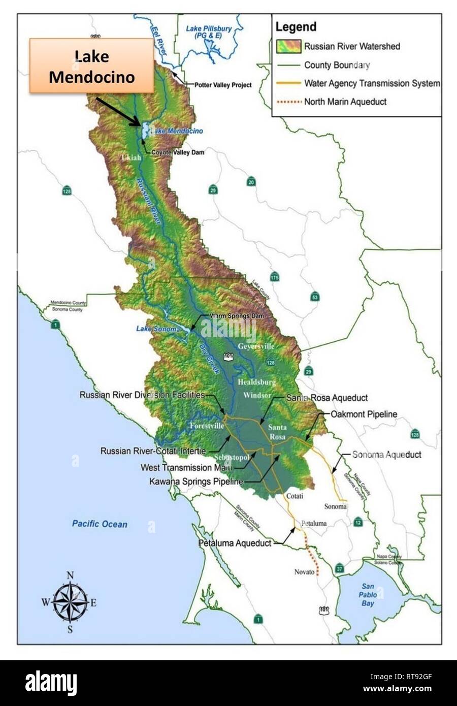 Lake Mendocino, located in the Russian River Watershed in northern