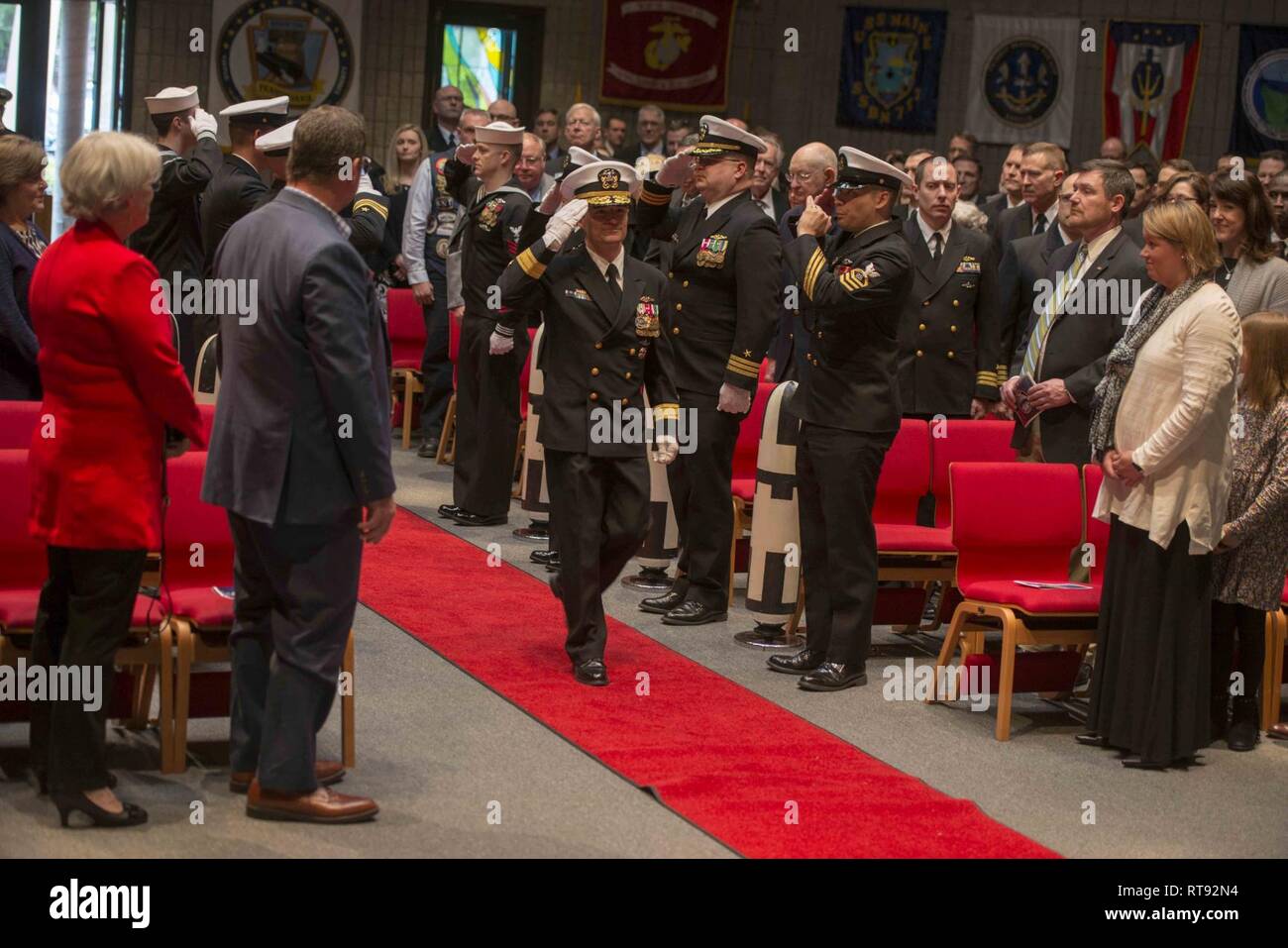 BANGOR, Wash. (Jan. 25, 2019) Rear Adm. Douglas Perry, from Biloxi, Mississippi, receives honors from the sideboys as the official party arrives during a change of command ceremony for Submarine Group 9.  Rear Adm. Blake Converse, from Montoursville, Pennsylvania, was relieved by Perry during the ceremony held at the Bangor Chapel. Stock Photo