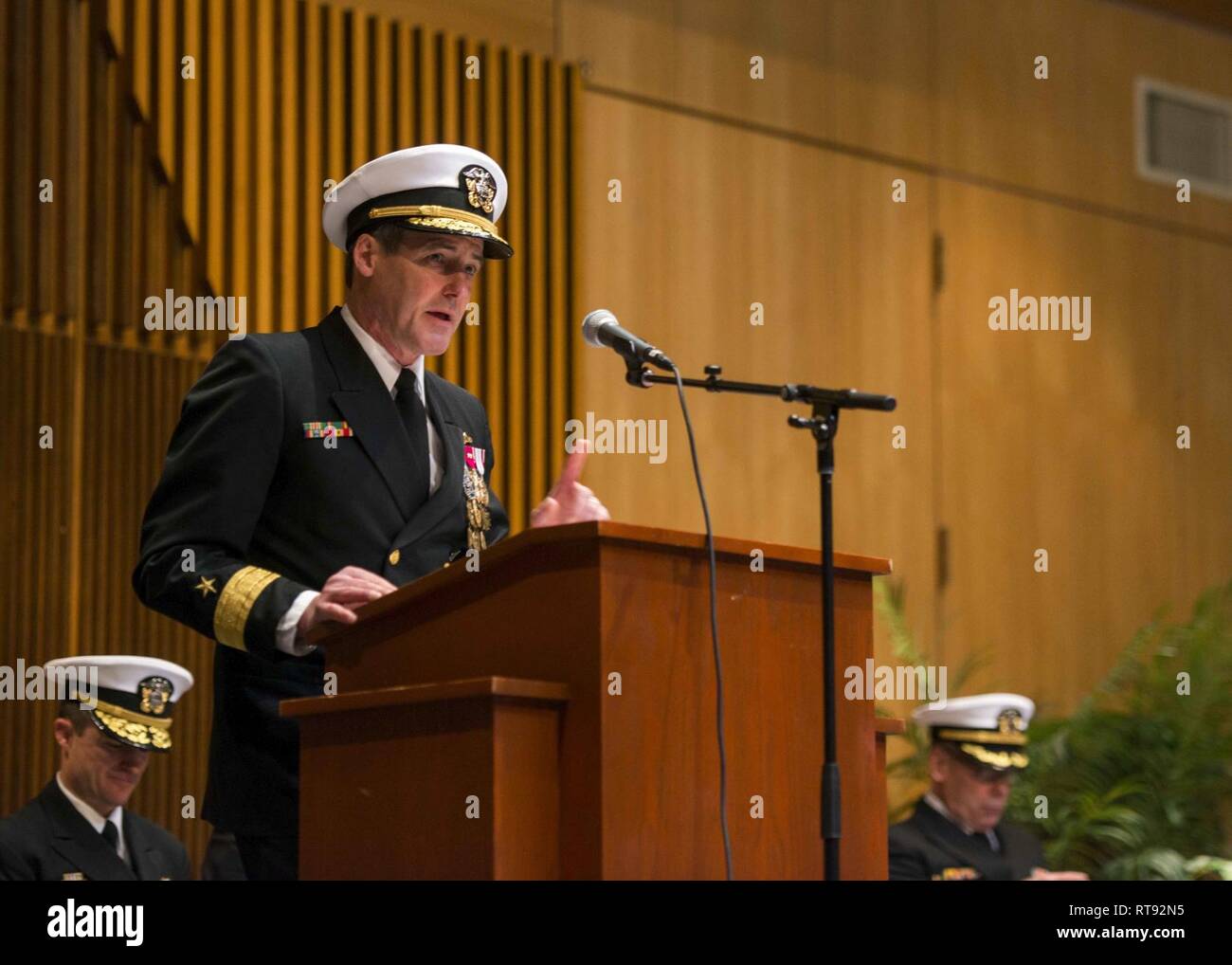 BANGOR, Wash. (Jan. 25, 2019) Rear Adm. Blake Converse, from Montoursville, Pennsylvania, delivers remarks during the change of command ceremony for Submarine Group 9. Rear Adm. Douglas Perry, from Biloxi, Mississippi, relieved Converse during the ceremony held at the Bangor Chapel. Stock Photo