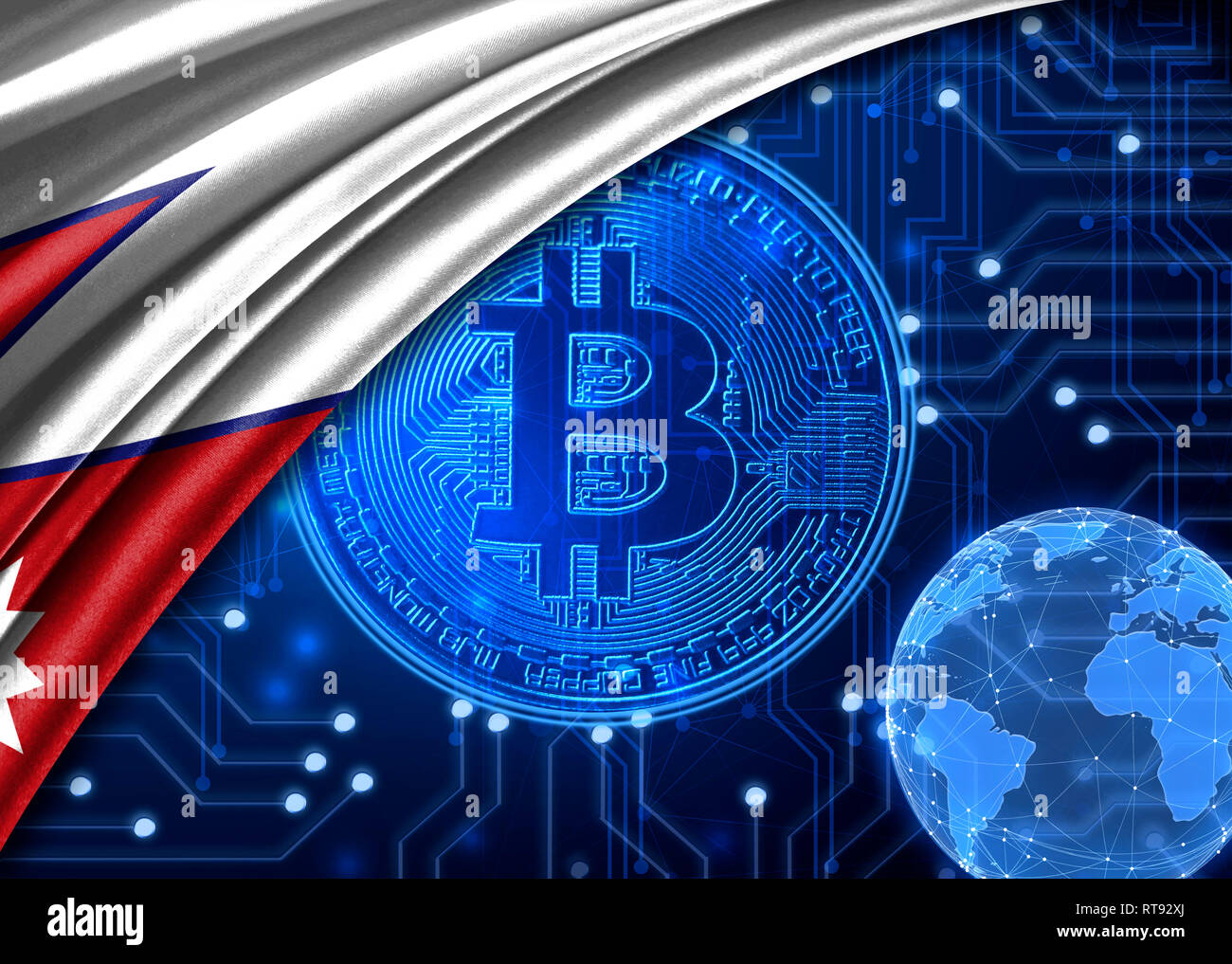 Flag of Nepal is shown against the background of crypto currency bitcoin.  Global world crypto currency-bitcoin. Shows the current exchange rate,  fluct Stock Photo - Alamy