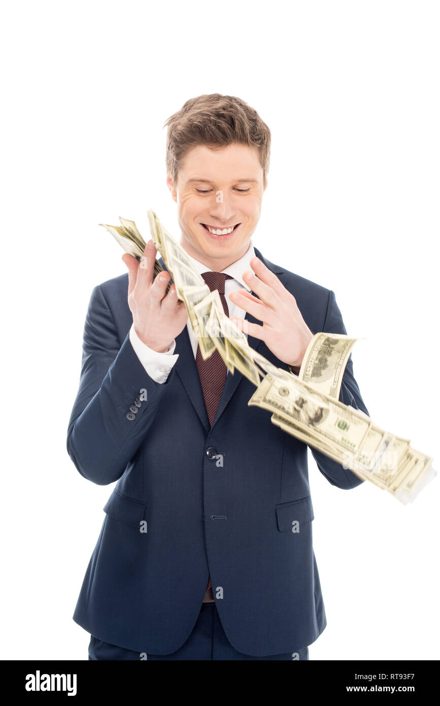 happy successful businessman throwing up dollar banknotes isolated on white Stock Photo Alamy