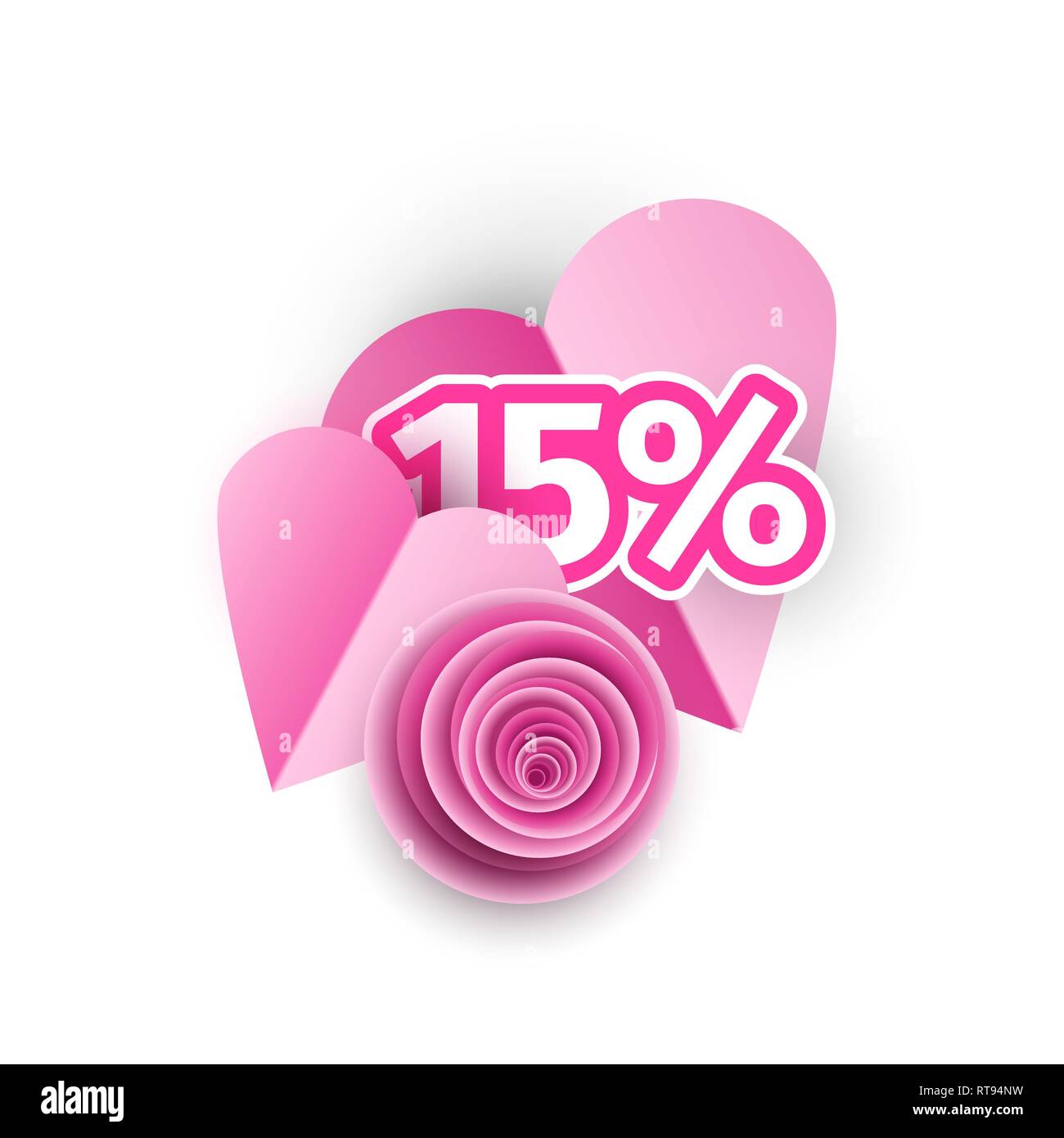 Heart, rose bud 3d papercut illustration. Pink blossom isolated origami volumetric composition. Discount, special offer clipart. International womens, Spacial Offer 15 percent sale poster design Stock Vector