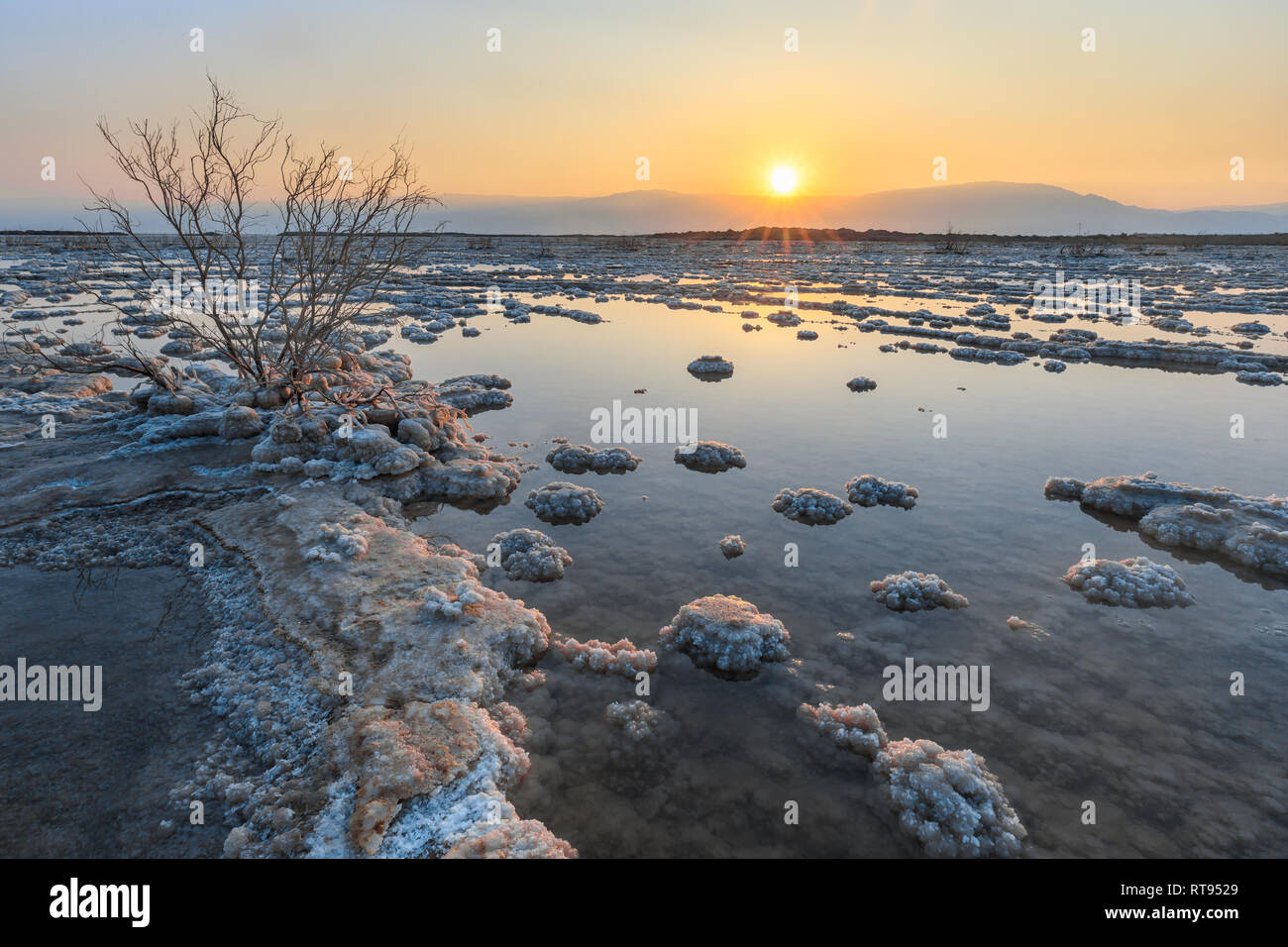 Dead Sea, Ein Bokek, Israel - February 18: Sunrise at the Dead Sea of Ein Bokek Dead Sea, Israel Stock Photo