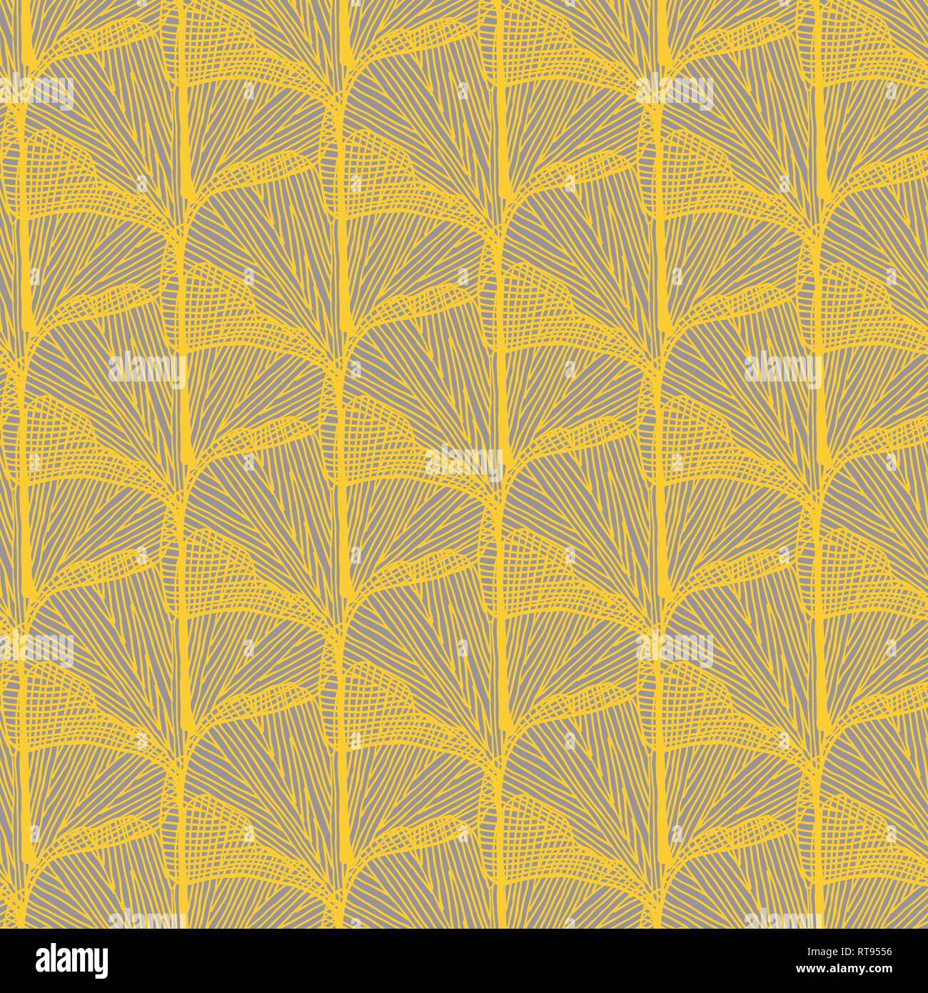 Gold and gray ginkgo leaves overlap vector pattern Stock Vector