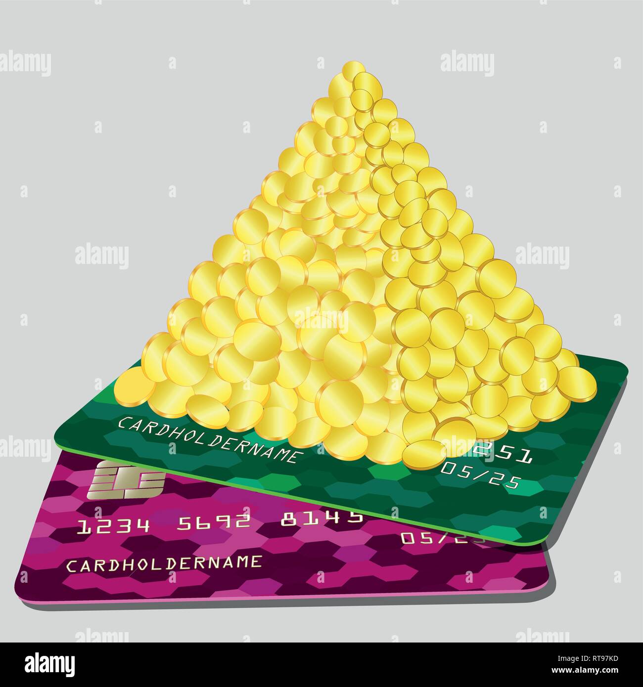 Bank card. Lots of gold coins .Pyramid shape. Money on a credit card ...