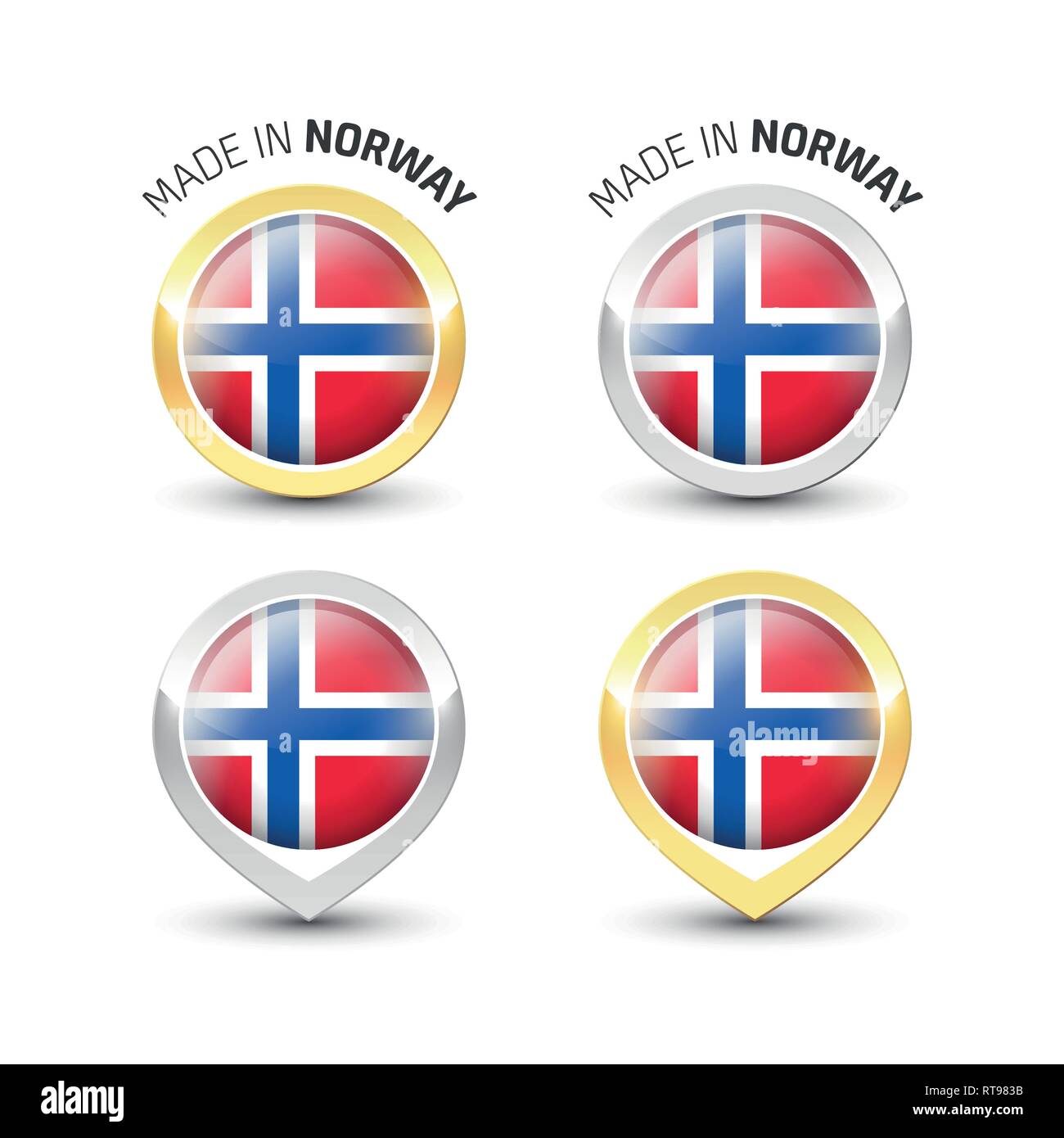 Made in Norway - Guarantee label with the Norwegian flag inside round gold and silver icons. Stock Vector