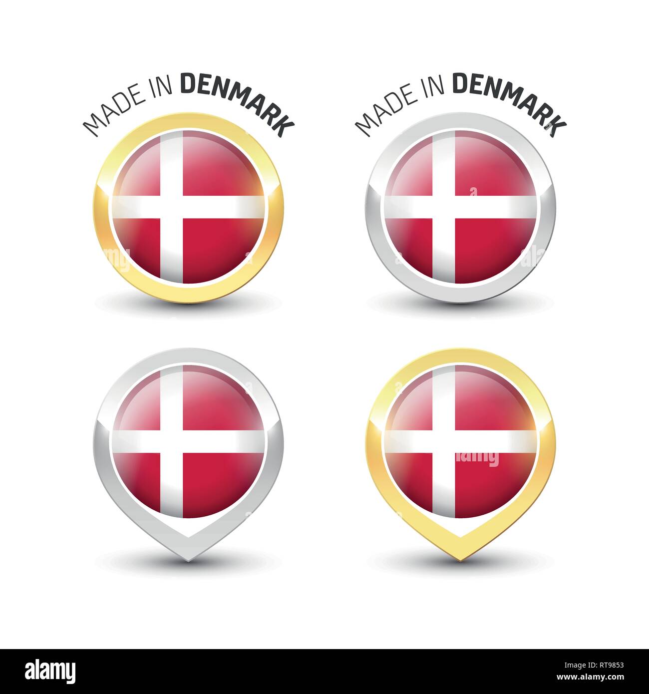 Made in Denmark - Guarantee label with the Danish flag inside round gold and silver icons. Stock Vector