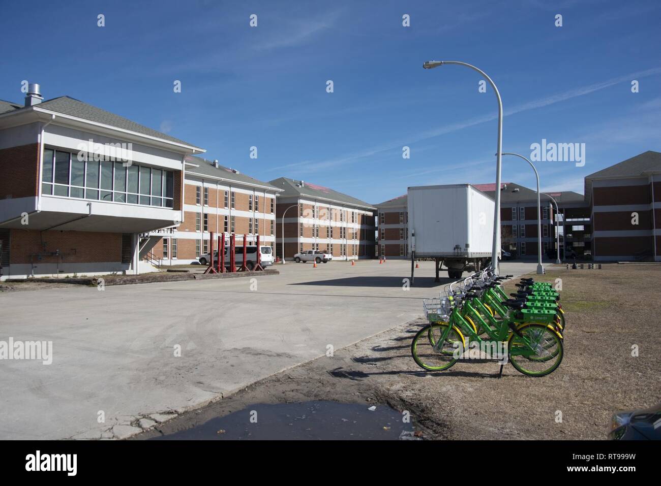 A view of the damages to the exterior of building G531 at Camp Geiger four  months after Hurricane Florence. Florence impacted Marine Corps Base Camp  Lejeune and Marine Corps Air Station New, image size:1300x957