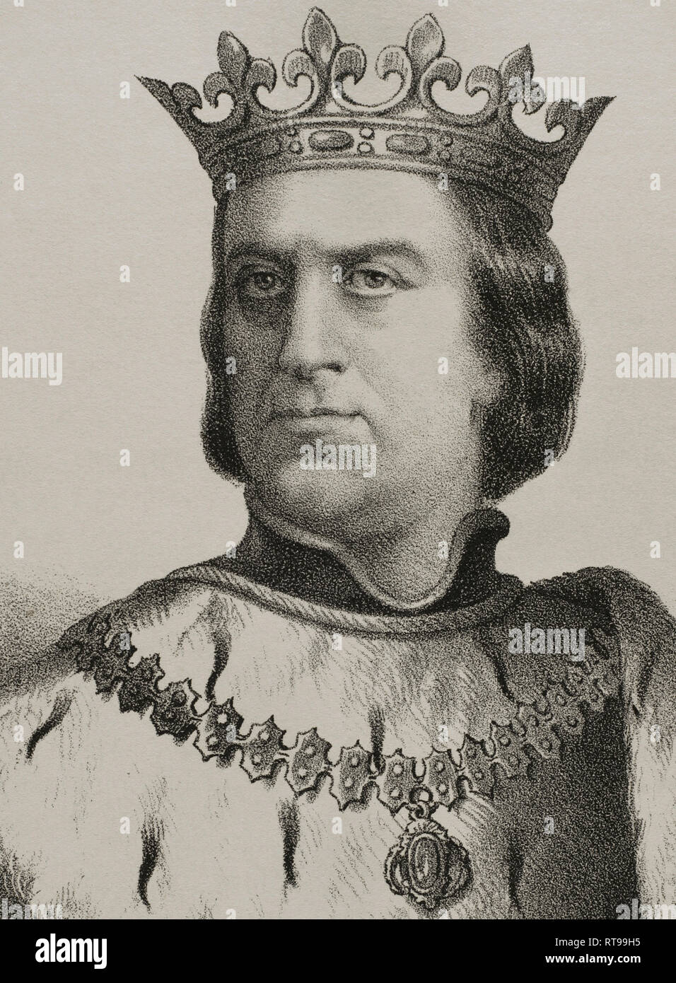 Martin of Aragon the Humane (1356-1410). King of Aragon, Valencia, Sardinia, Corsica and Count of Barcelona. Lithography, detail. Crónica General de España, Historia Ilustrada y Descriptiva de sus Provincias. Catalonia. 1866. Stock Photo