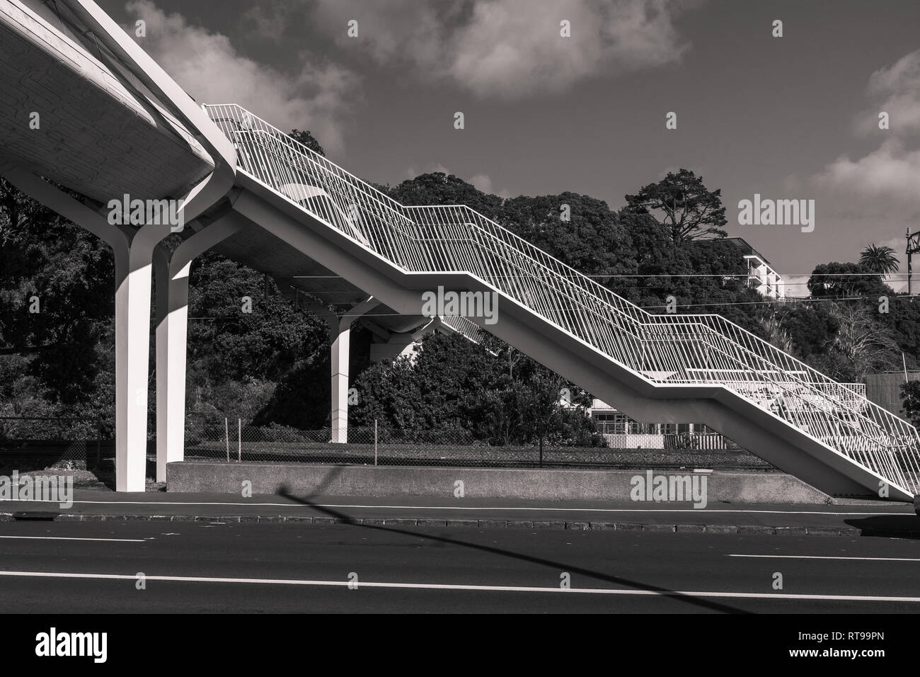A black and white photo of a new bridge across the tamaki drive in Auckland, lots of shadows and straight lines Stock Photo