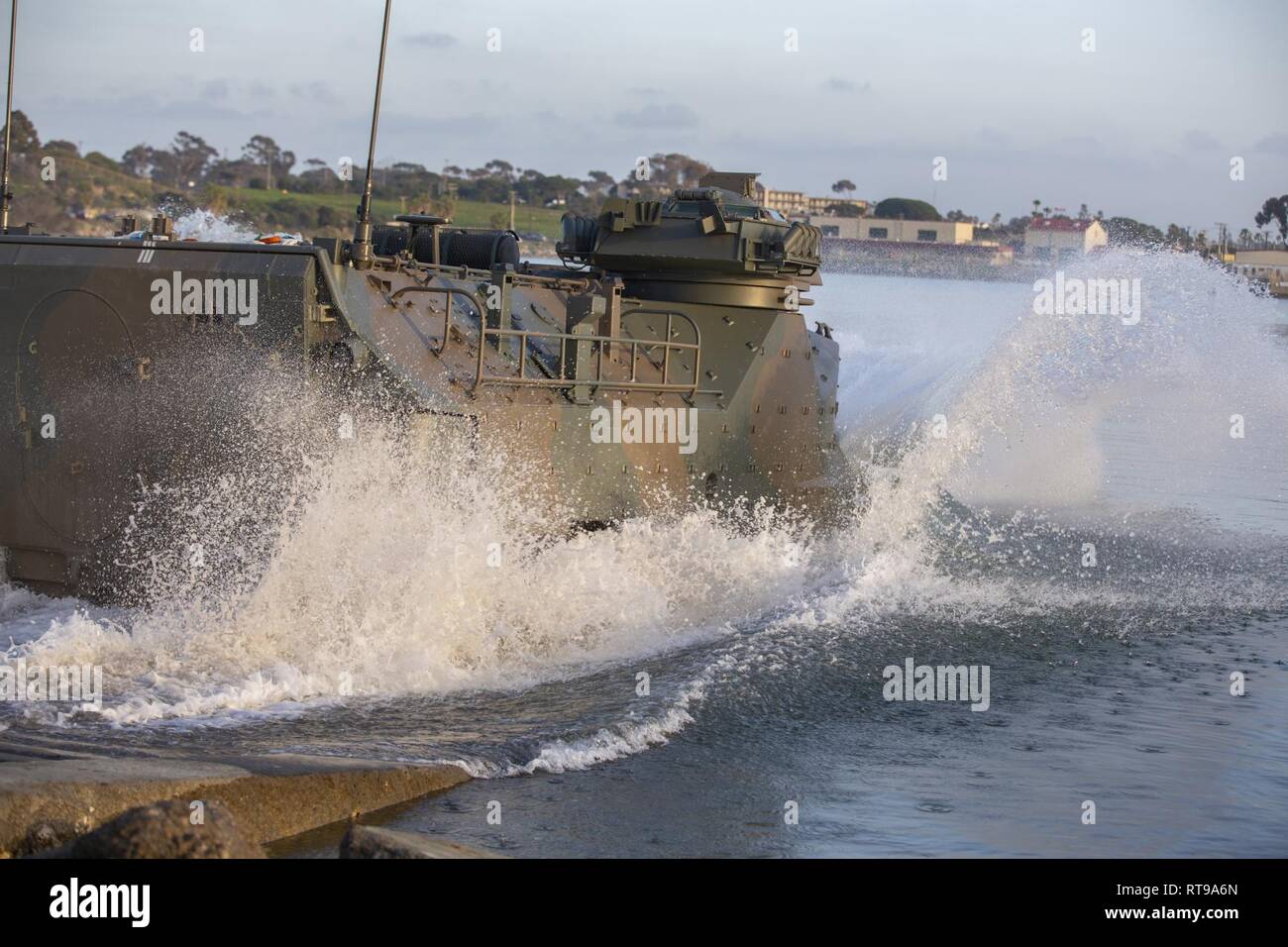 A Japan Ground Self-Defense Force assault amphibious vehicle enters the water and travels to the USS Somerset (LPD 25) during Iron Fist 2019, Jan. 30 on U.S. Marine Corps Base Camp Pendleton, CA. Exercise Iron Fist is an annual, multilateral training exercise where U.S. and Japanese service members train together and share techniques, tactics and procedures to improve their combined operational capabilities. Stock Photo