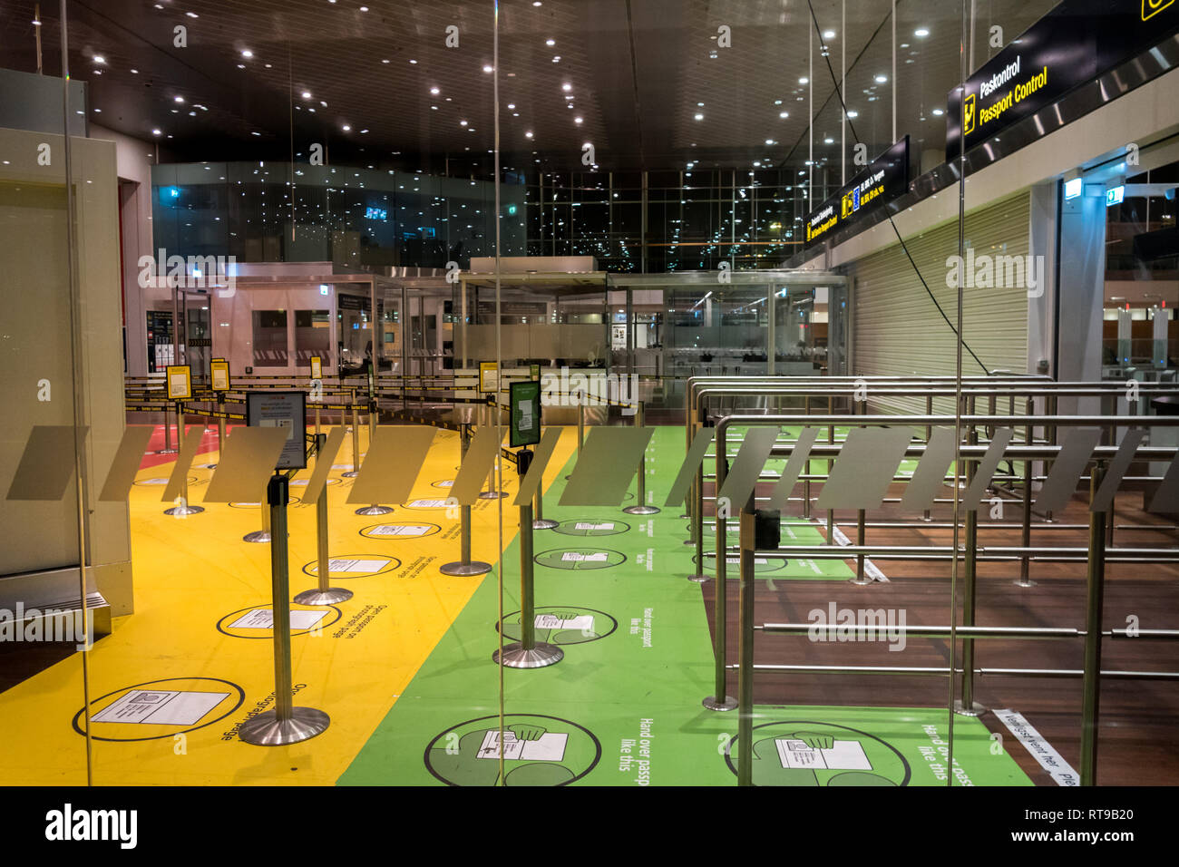 February 18, 2019. City of Copenhagen, Denmark. Kastrup Airport. Warning signs on the floor of the security corridor, passport control Euro-Union. Stock Photo