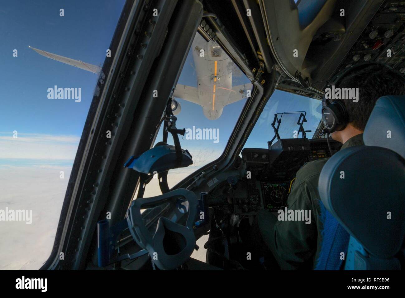 Capt. Ryan Arsenault, 7th Airlift Squadron pilot, prepares to dock with a KC-46 Pegasus during a refueling training flight over central Wash., Jan. 30, 2019. The KC-46 is the newest tanker aircraft in the Air Force. Stock Photo