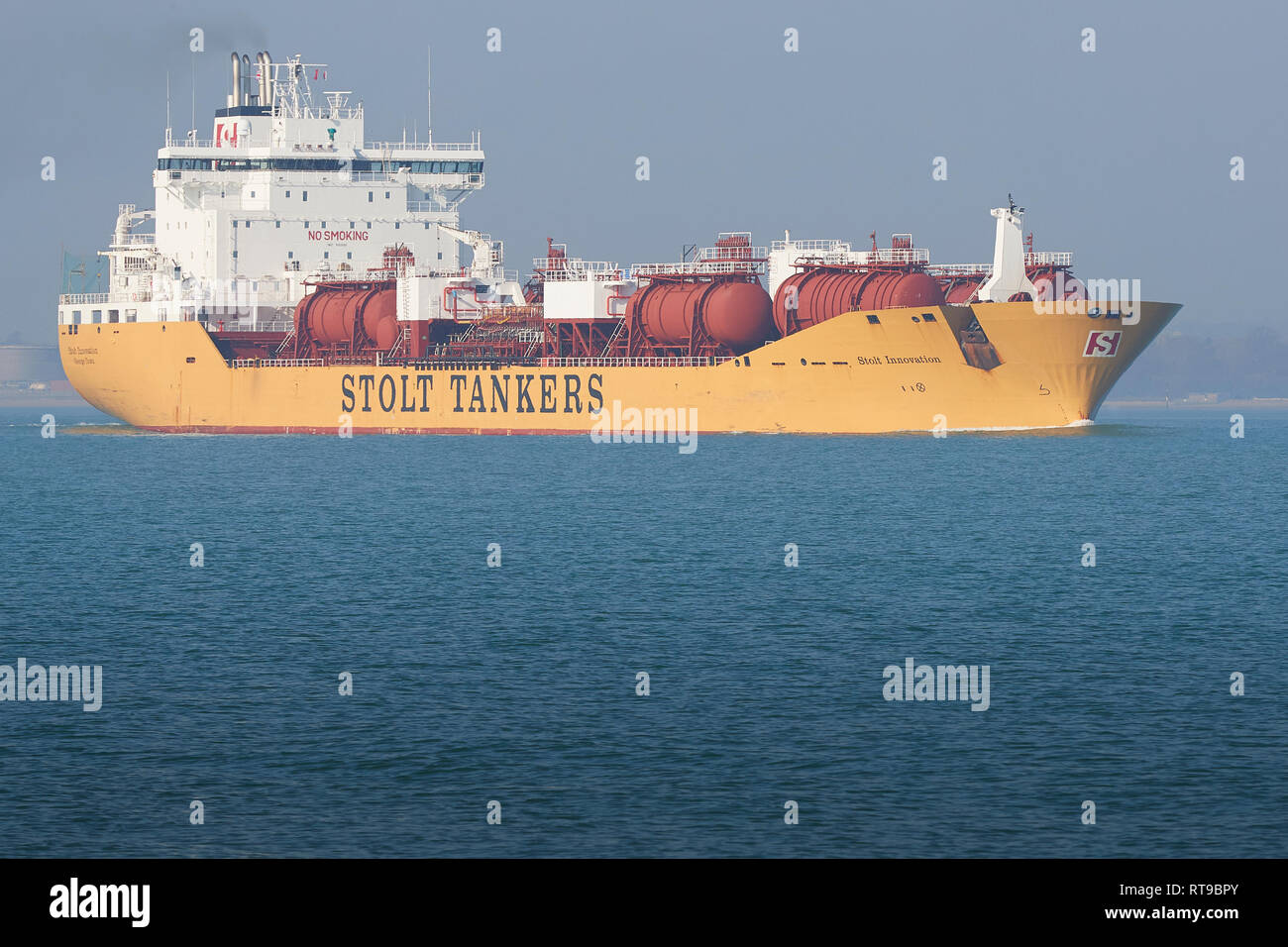 The Stolt Tankers, STOLT INNOVATION, Chemical/Oil Products Tanker, Departs the Fawley Oil Refinery, Southampton, UK, En Route To Houston, Texas, USA. Stock Photo